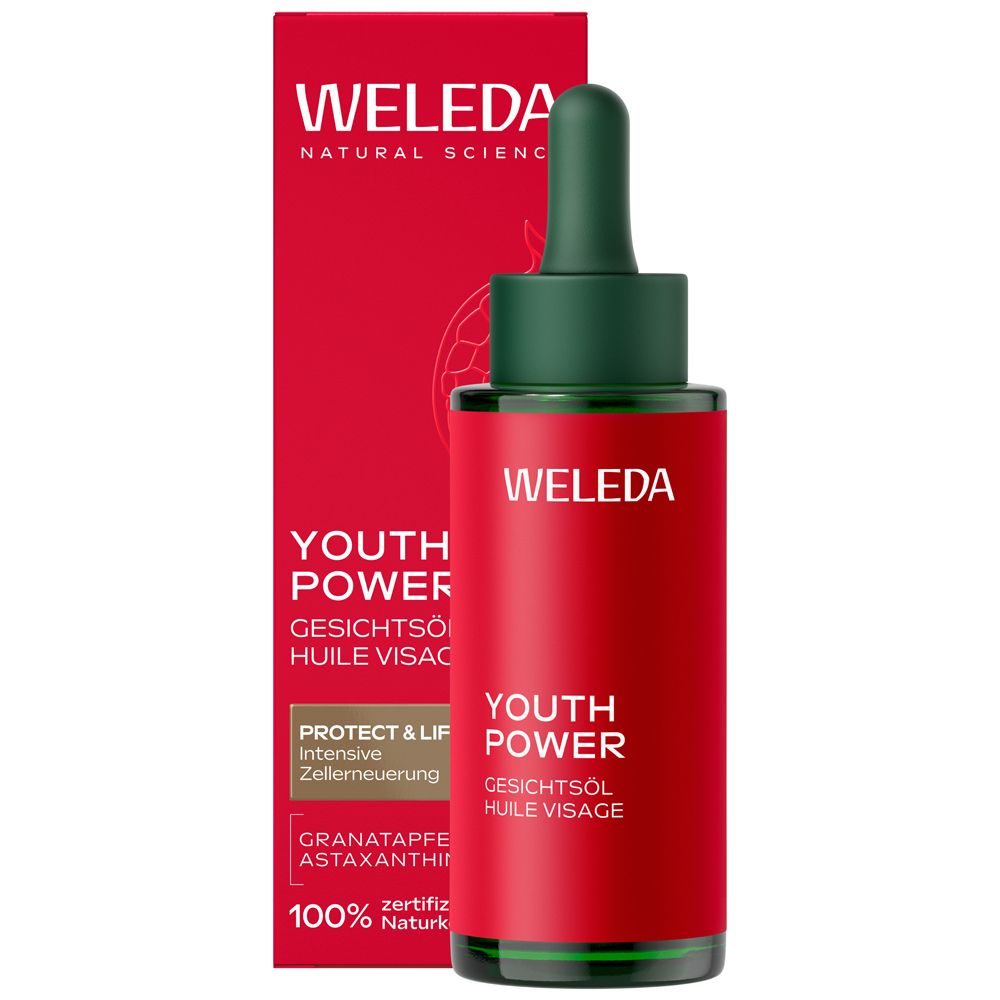 Weleda Youth Power Gesichtsöl Flasche und Faltschachtel mit Granatapfel-Motiv.