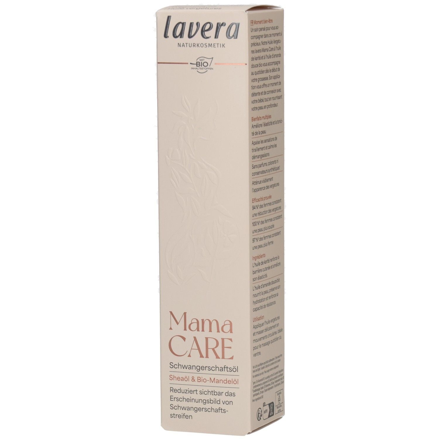 Lavera Mama Care Schwangerschaftsöl Verpackung mit Bio-Siegel und Produktnamen.
