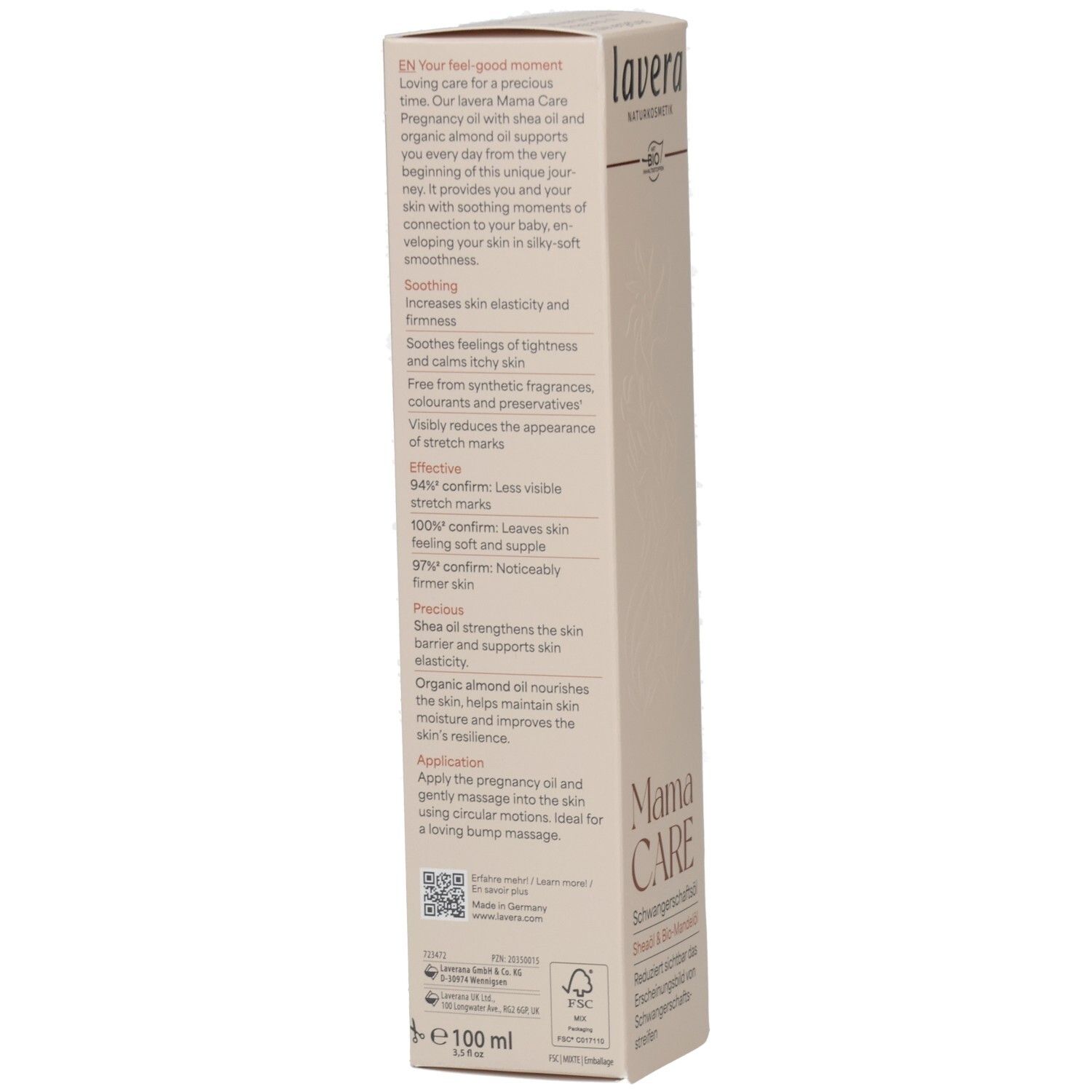 Lavera Mama Care Schwangerschaftsöl Verpackung mit englischen Produktinformationen und 100ml Angabe.