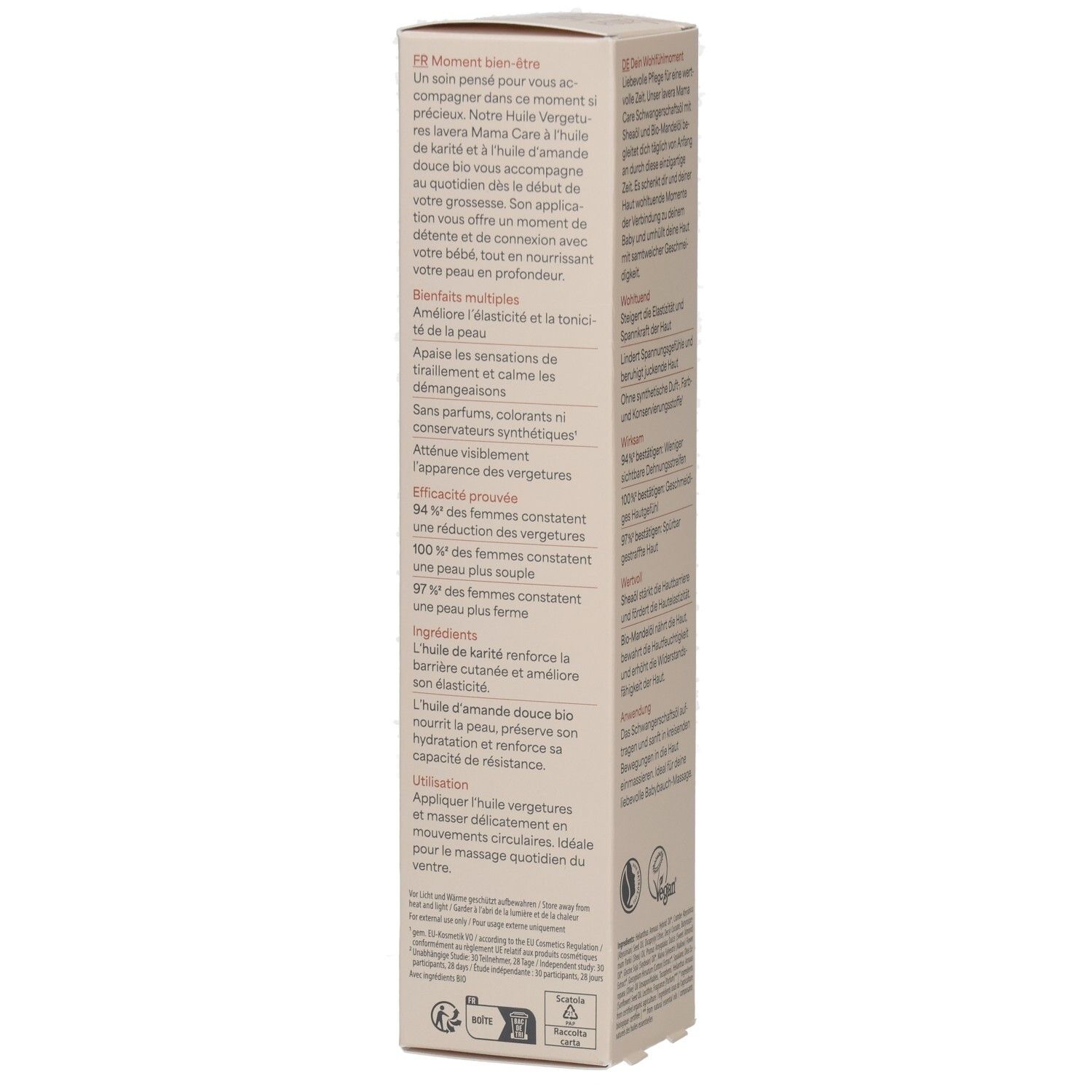 Lavera Mama Care Schwangerschaftsöl Verpackung mit französischen Produktinformationen und Siegeln.