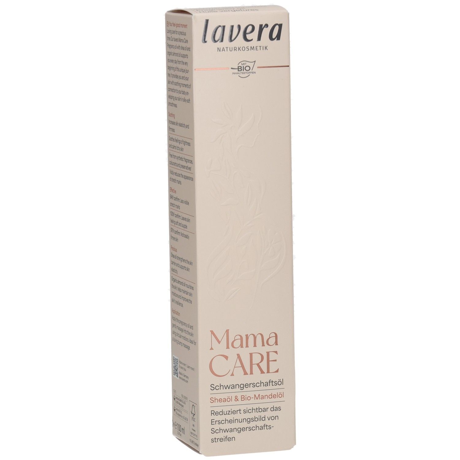 Lavera Mama Care Schwangerschaftsöl Verpackung mit Logo, Bio-Siegel und Produktnamen.