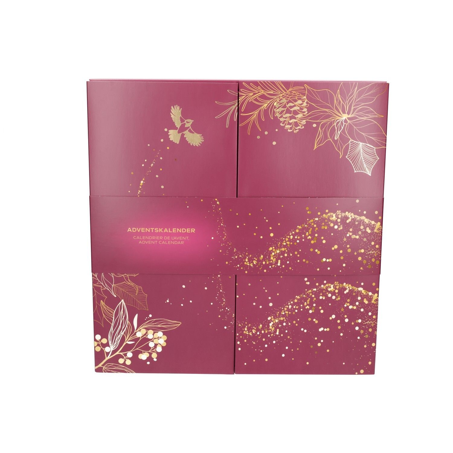 Geschlossener Adventskalender mit weihnachtlichen Goldverzierungen auf bordeauxrotem Hintergrund.