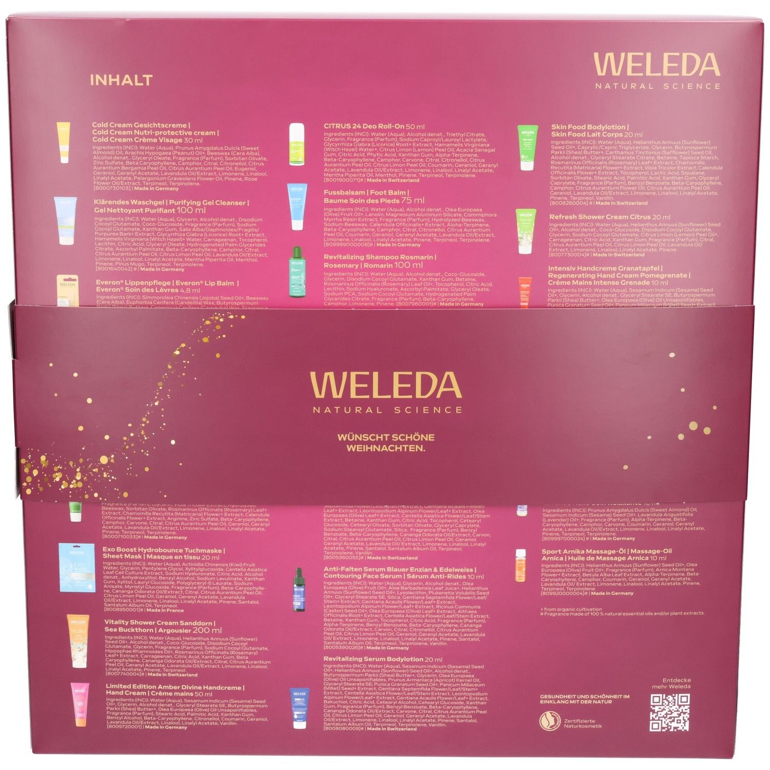 Geöffneter Adventskalender mit Liste der enthaltenen Weleda-Produkte und Weihnachtsgruß.