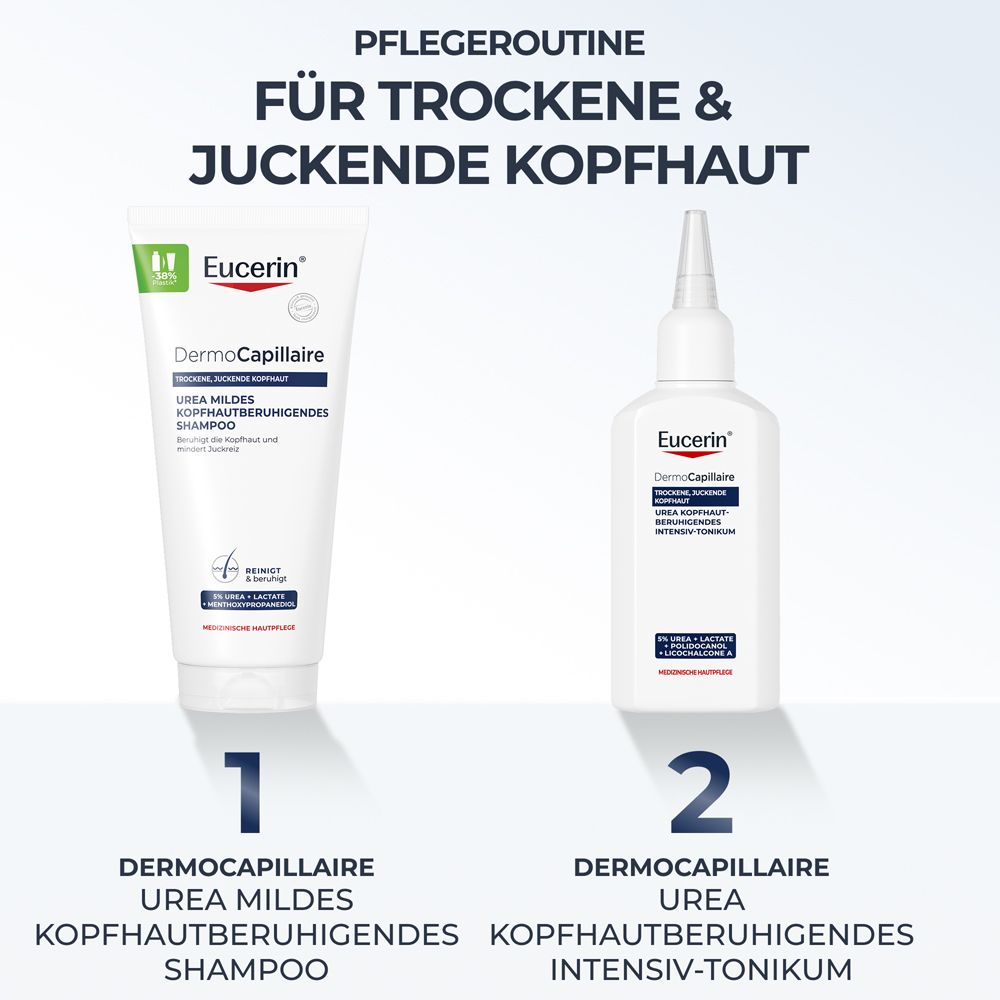 Pflege-Routine für trockene Kopfhaut: Eucerin Shampoo und Intensiv-Tonicum.