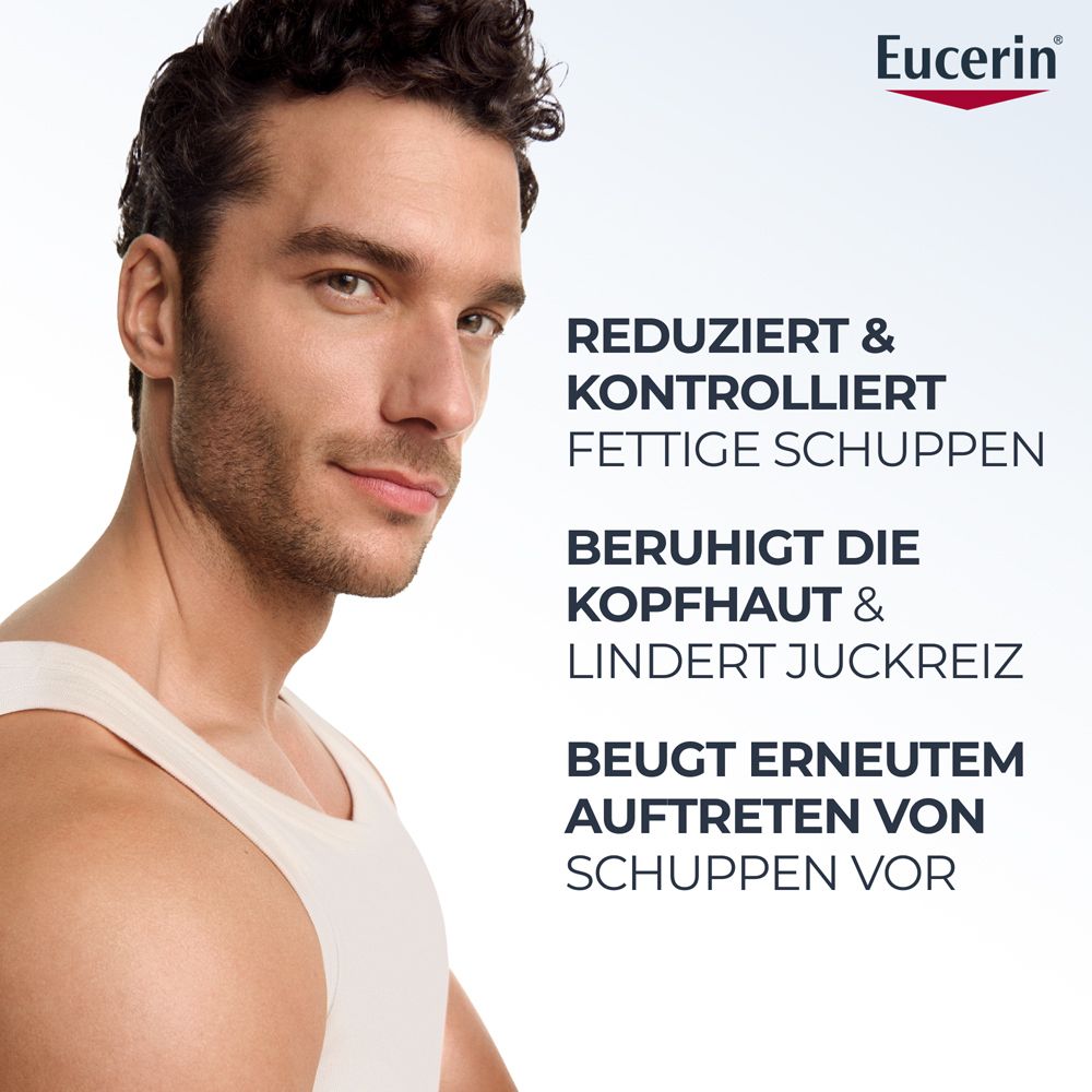 Mann mit Eucerin DermoCapillaire Anti-Schuppen Gel Shampoo: Reduziert fettige Schuppen, beruhigt Kopfhaut, lindert Juckreiz.