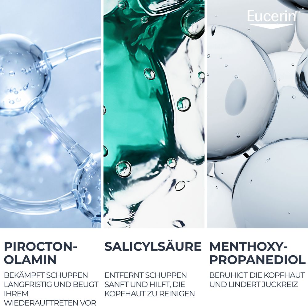 Abstrakte Darstellungen von Pirocton-Olamin, Salicylsäure und Mentholxypropanediol in Eucerin DermoCapillaire.