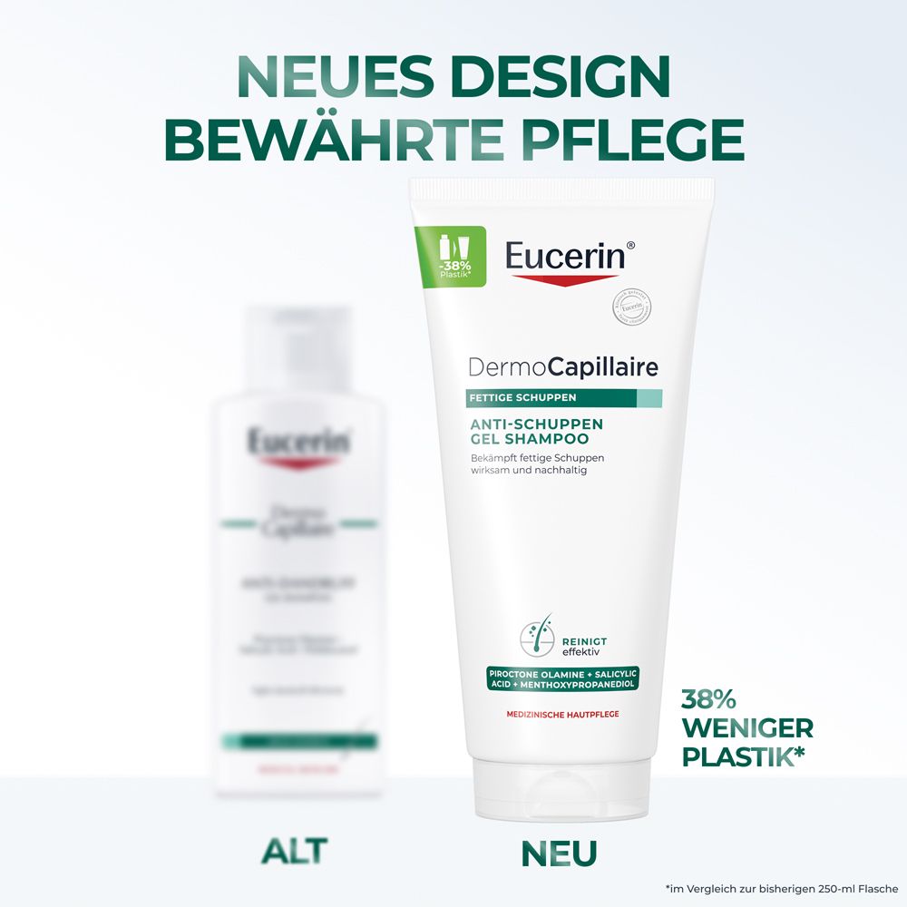 Vergleich Eucerin DermoCapillaire Anti-Schuppen Gel Shampoo: Neues Design, 38% weniger Plastik.