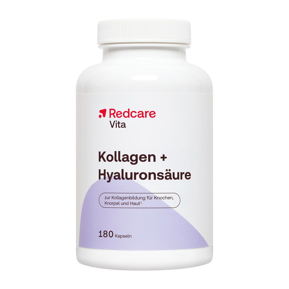 Weiße Dose mit Redcare Vita Kollagen + Hyaluronsäure, 180 Kapseln.