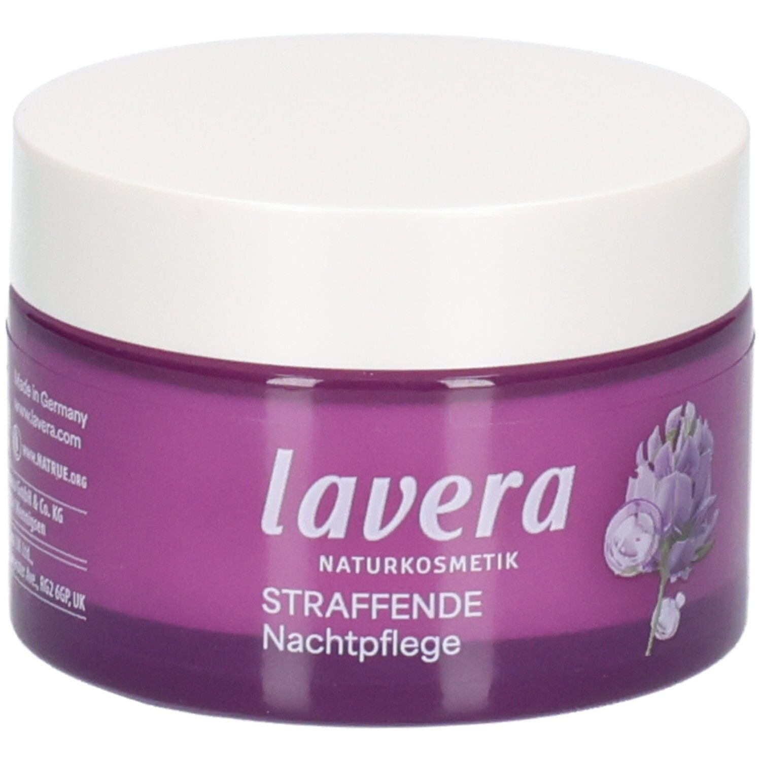 Lila Tiegel mit weißem Deckel, Lavera Naturkosmetik Straffende Nachtpflege.