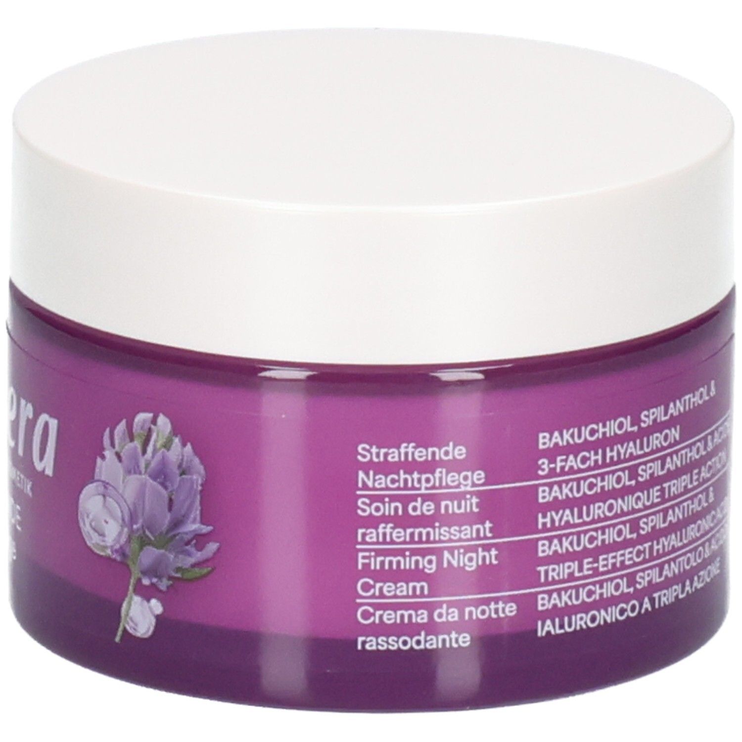 Lila Tiegel mit weißem Deckel, Lavera Naturkosmetik Straffende Nachtpflege, Firming Night Cream.