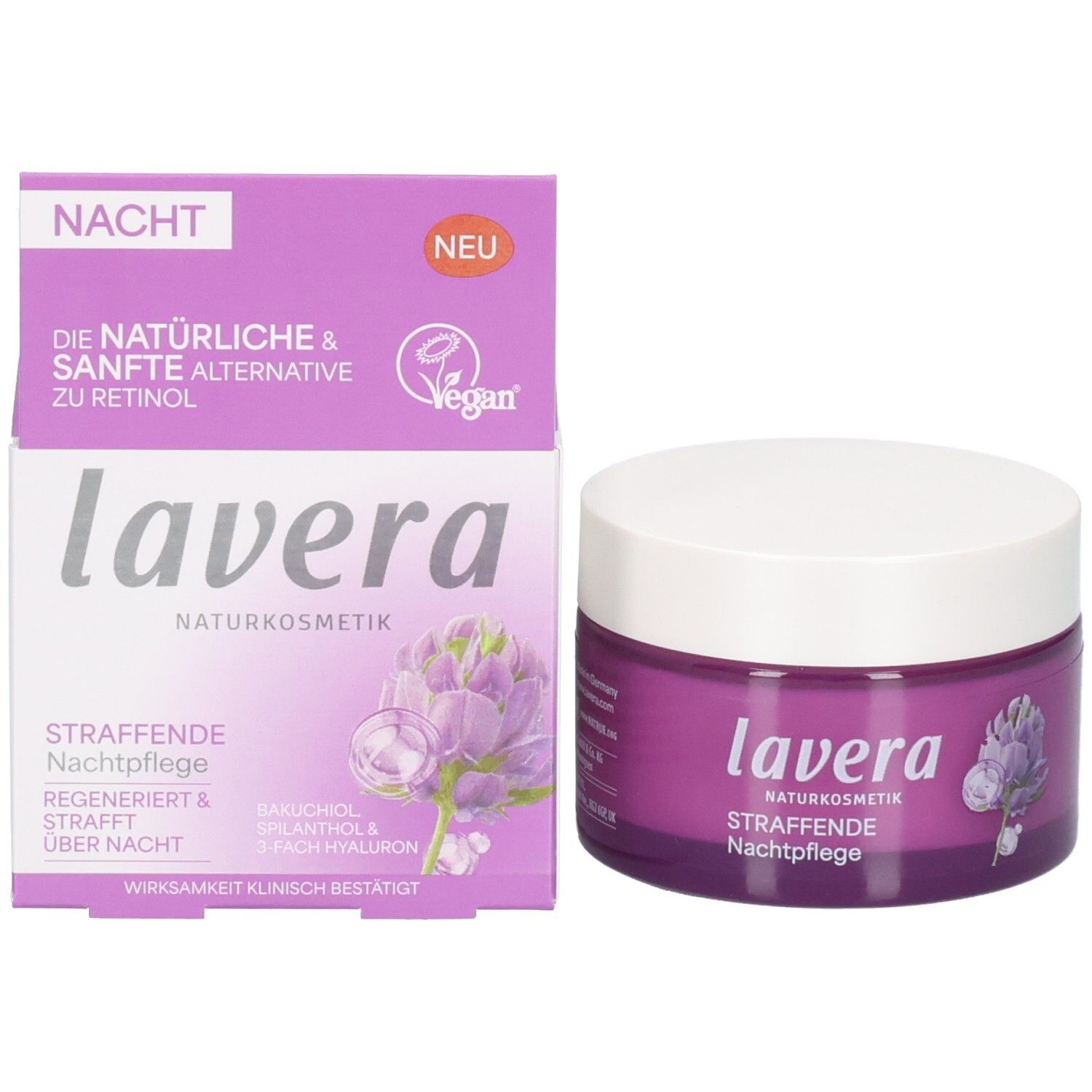 Lila Kartonverpackung und lila Tiegel, Lavera Naturkosmetik Straffende Nachtpflege, Neu.