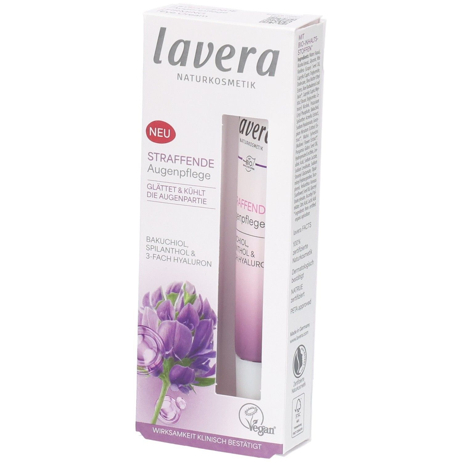 Lavera Naturkosmetik Straffende Augenpflege in Faltschachtel mit Tube.