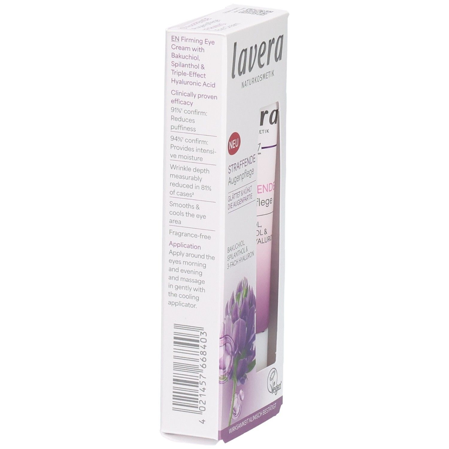 Lavera Naturkosmetik Straffende Augenpflege, Rückseite der Faltschachtel mit Produktinformationen.