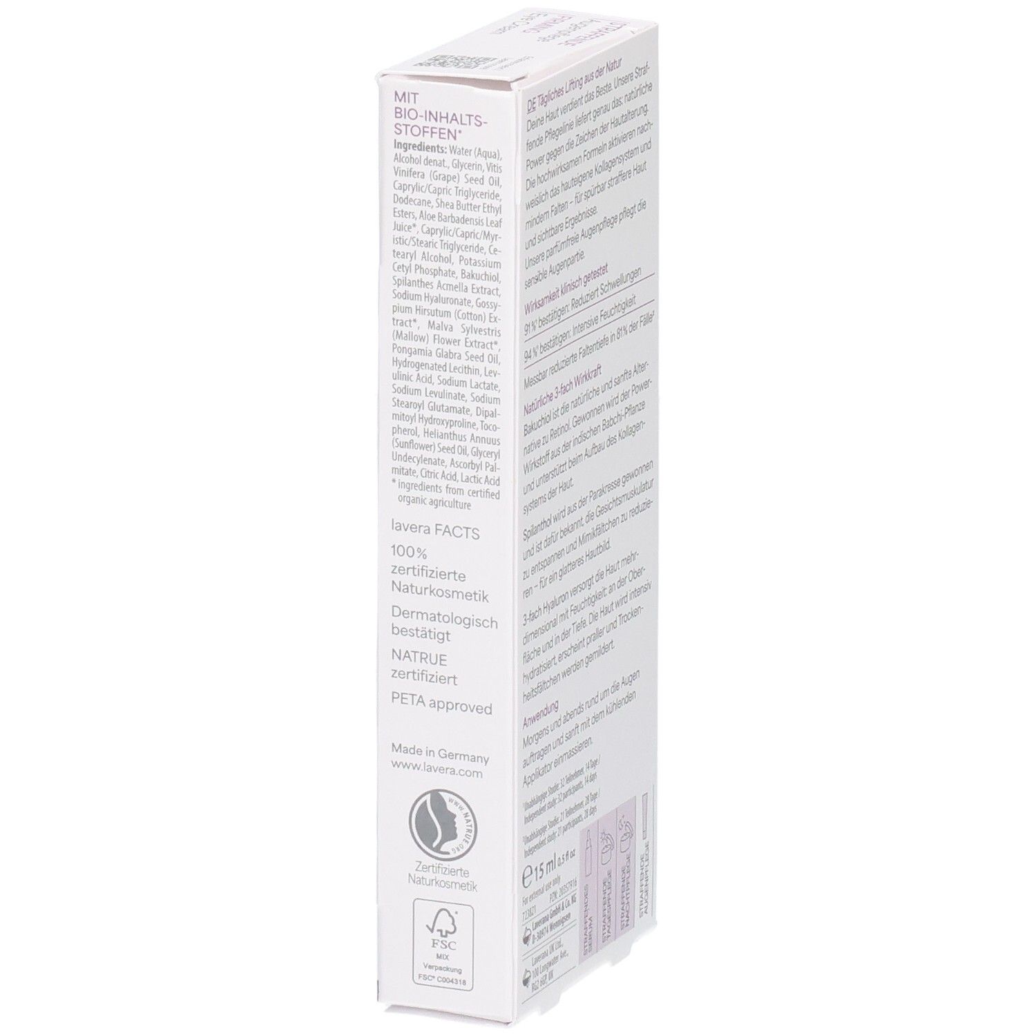 Lavera Naturkosmetik Straffende Augenpflege, Seitenansicht der Faltschachtel mit Siegeln und Zertifikaten.