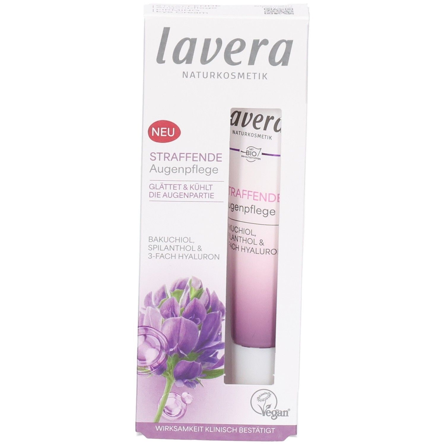 Lavera Naturkosmetik Straffende Augenpflege in Faltschachtel mit Tube, Vorderansicht.