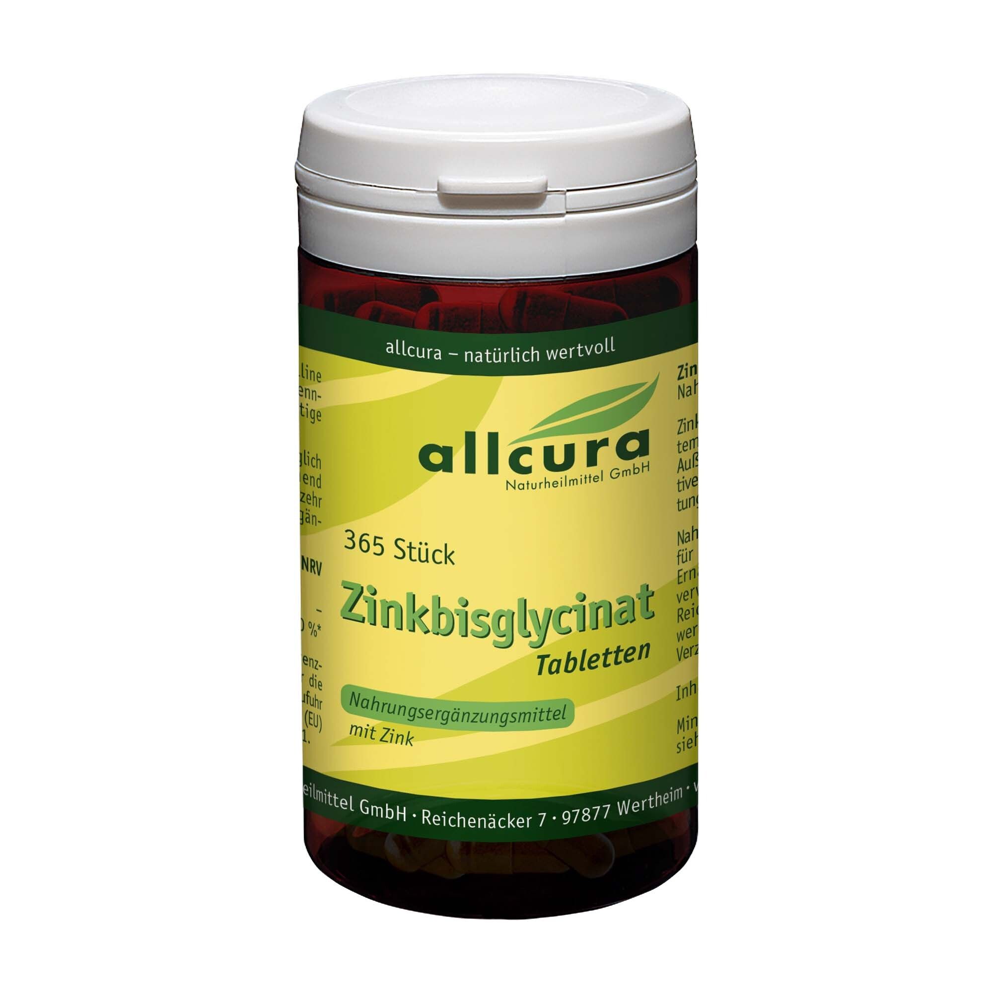Braune Tabletten-Dose mit weißem Deckel. Aufschrift: allcura Zinkbisglycinat Tabletten, 365 Stück.