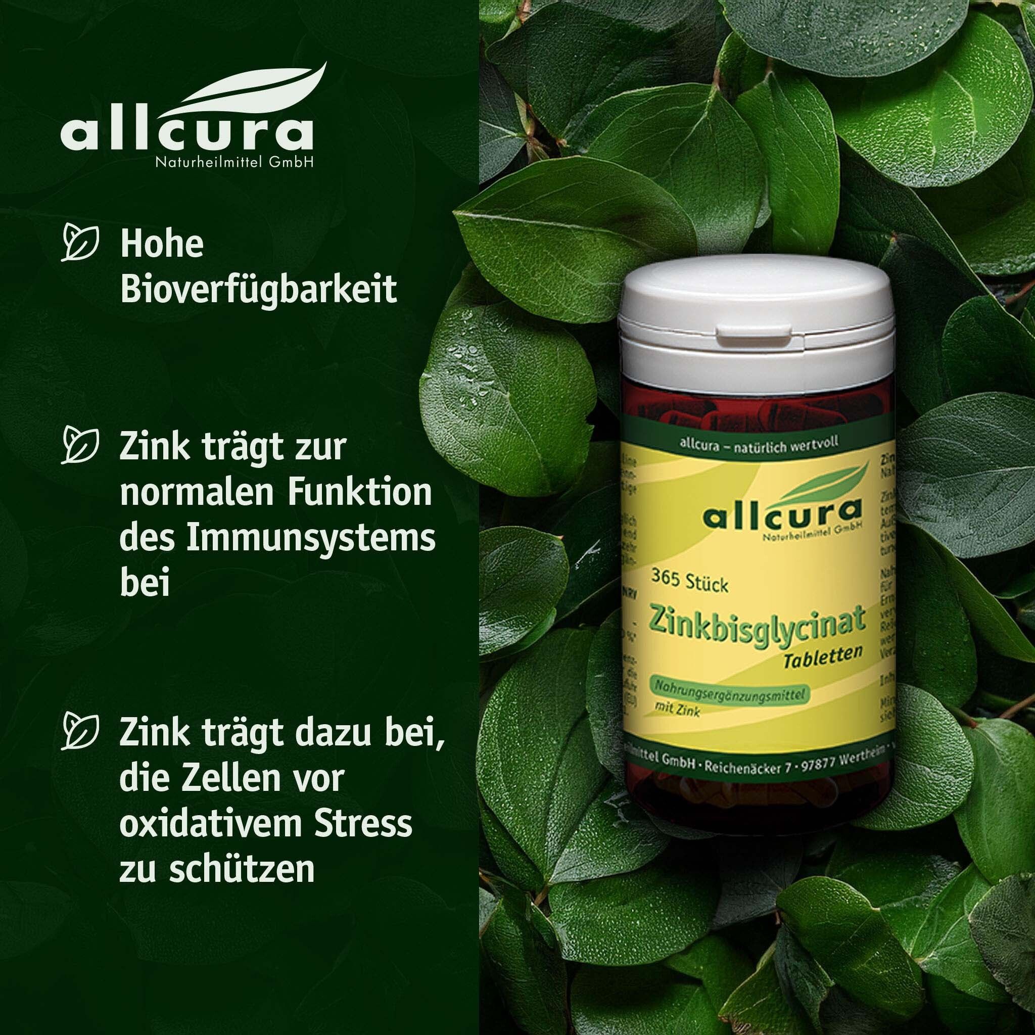 Dose allcura Zinkbisglycinat Tabletten, umgeben von Blättern. Text: Hohe Bioverfügbarkeit, Zink für Immunsystem.