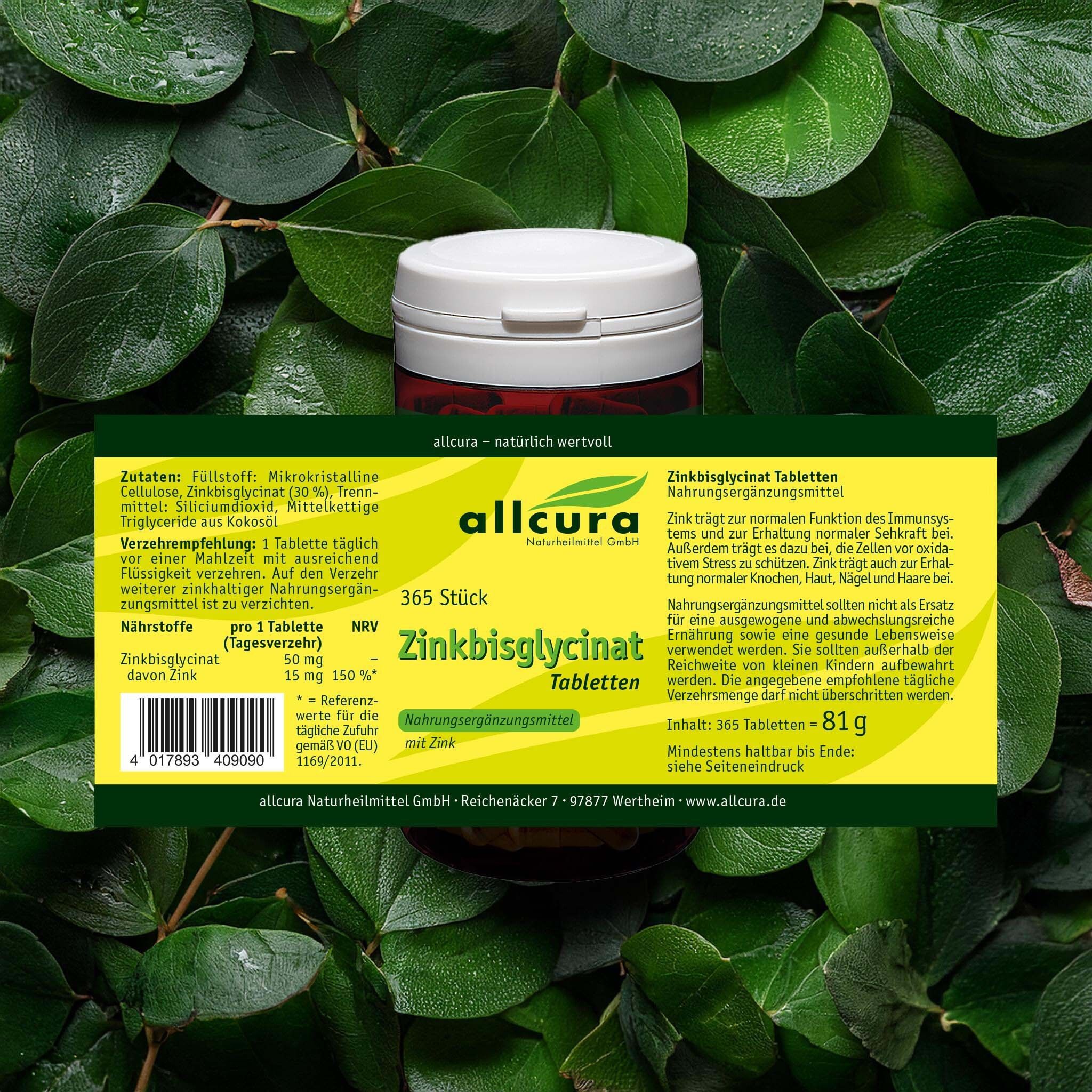 Dose allcura Zinkbisglycinat Tabletten, umgeben von Blättern. Etikett mit Inhaltsstoffen und Nährwertangaben.