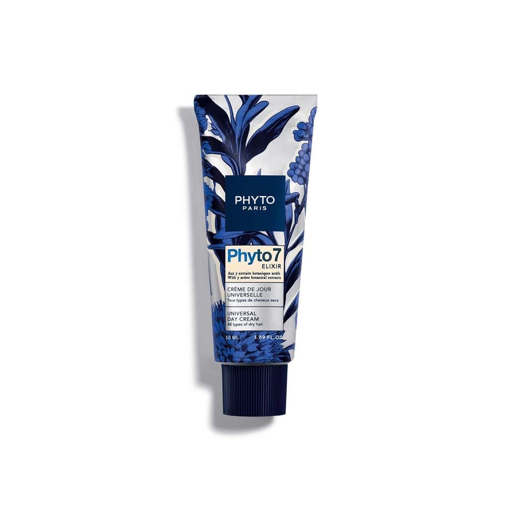 Tube mit blauem floralen Muster. Enthält PHYTO PARIS, Phyto 7 Elixir, Tagescreme für trockenes Haar.