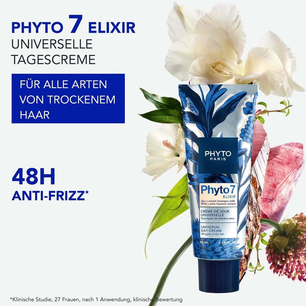Produkt-Tube mit floralem Muster, umgeben von Blumen. Text: PHYTO 7 Elixir, Tagescreme für trockenes Haar, 48H Anti-Frizz.