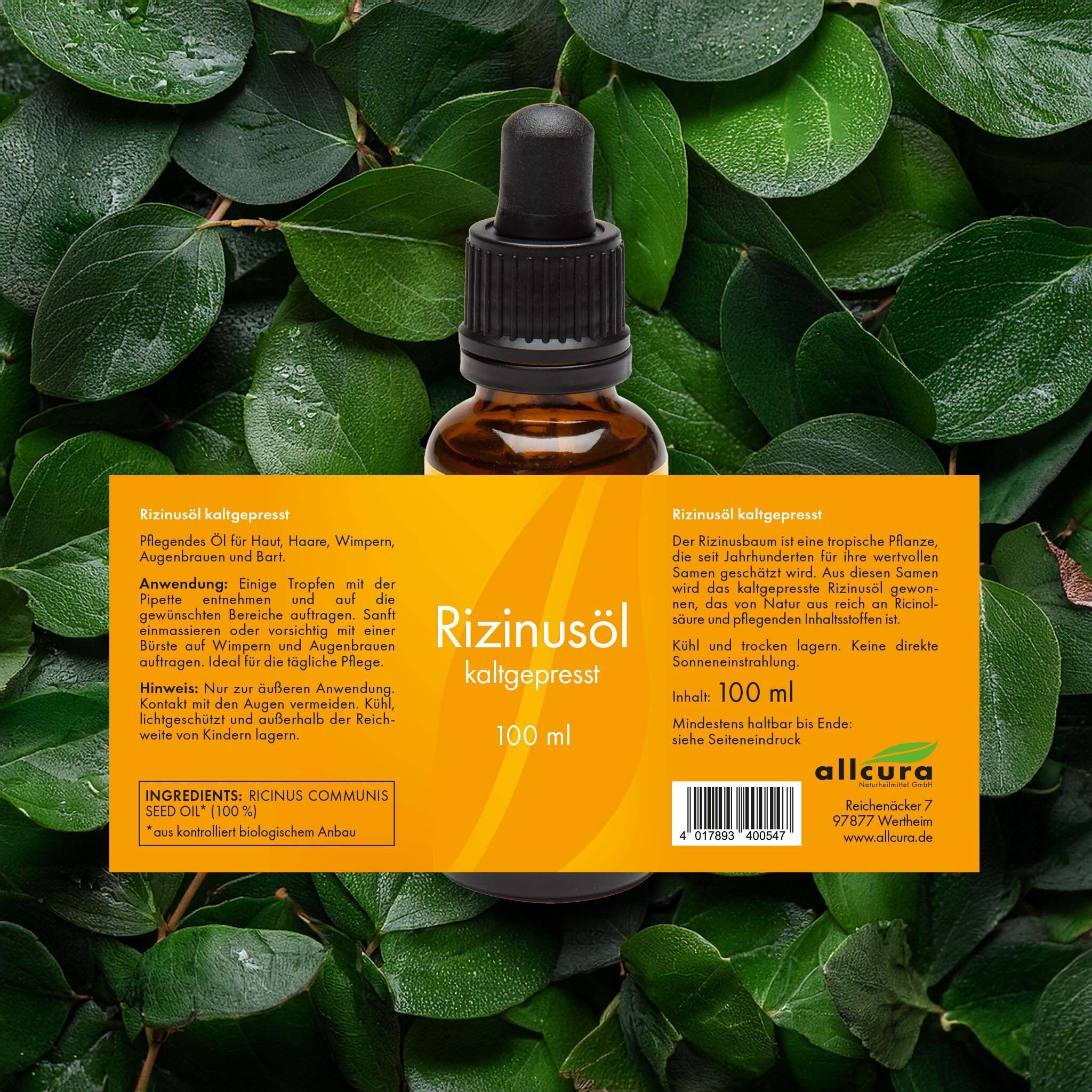 Etikett auf brauner Flasche Rizinusöl. Text: Rizinusöl kaltgepresst, 100 ml. Inhaltsstoffe: Ricinus Communis Seed Oil (100%).