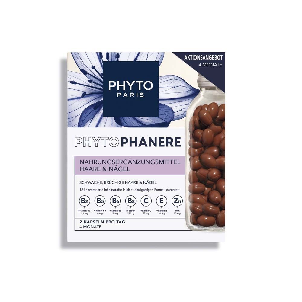 Karton mit PHYTO PARIS Phytophanère Duo Kapseln. Enthält Kapseln in einer Glasflasche. Text: Nahrungsergänzungsmittel für Haare & Nägel.