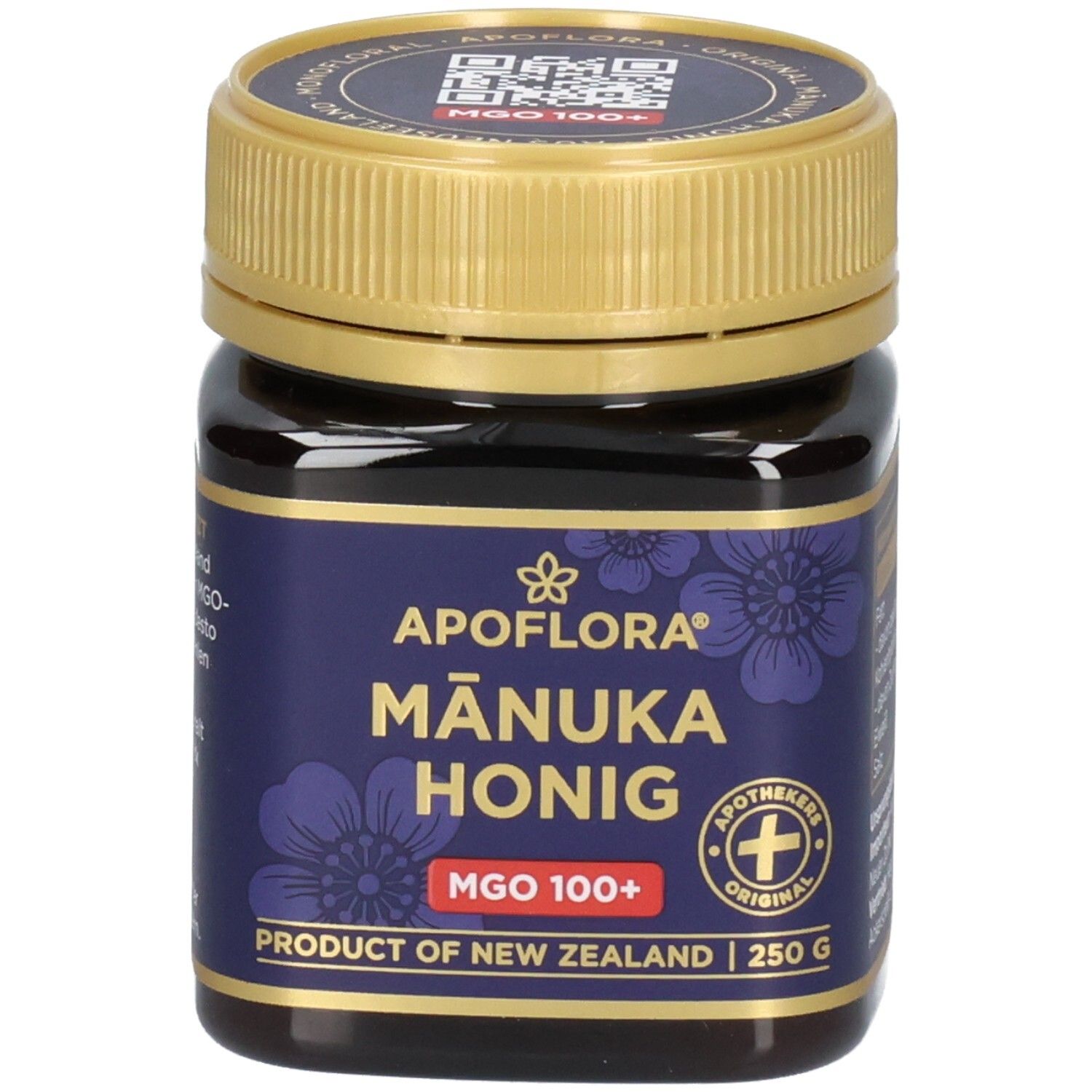 Vorderansicht eines Glases Manuka Honig MGO 100+ von ApoFlora, mit goldenem Deckel und blauem Etikett.