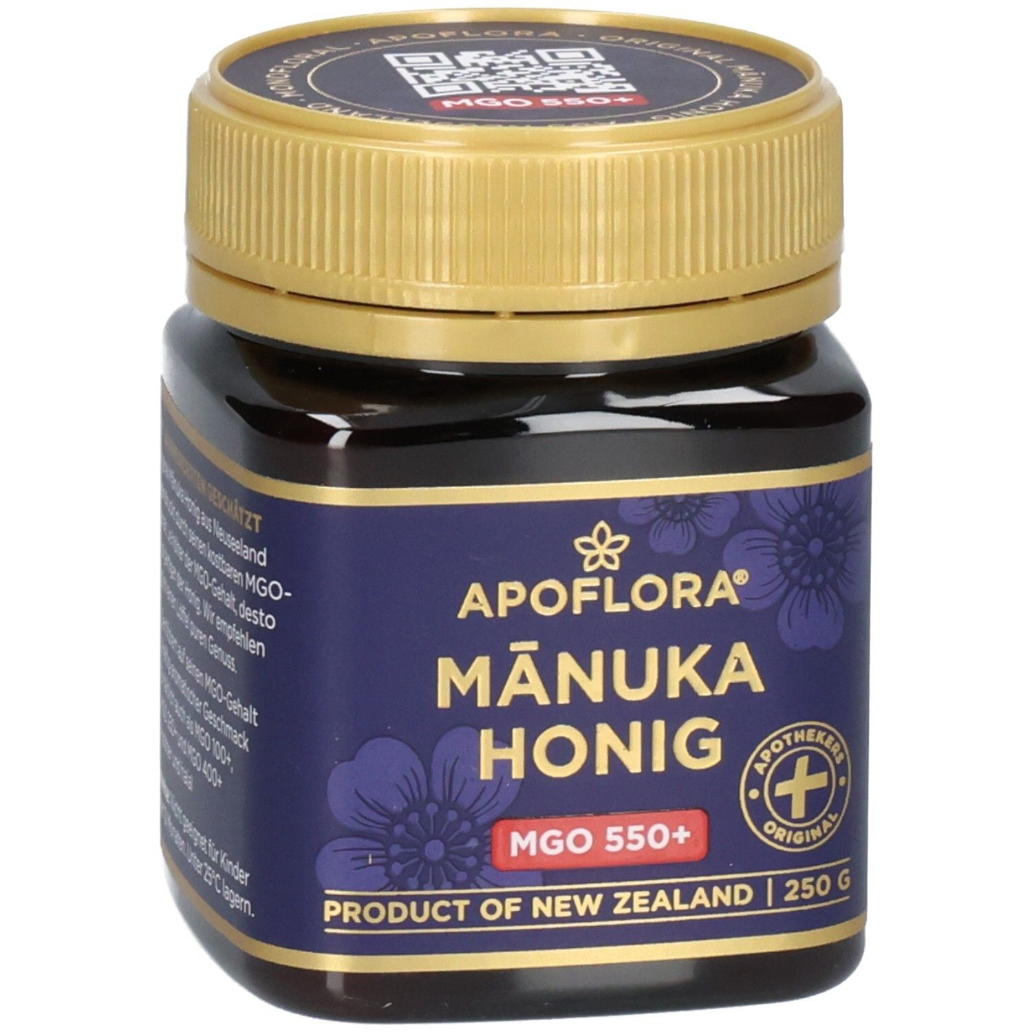 Dunkelbraunes Glas Manuka Honig MGO 550+ von ApoFlora, 250g. Goldener Deckel, lila Etikett mit Blüten.