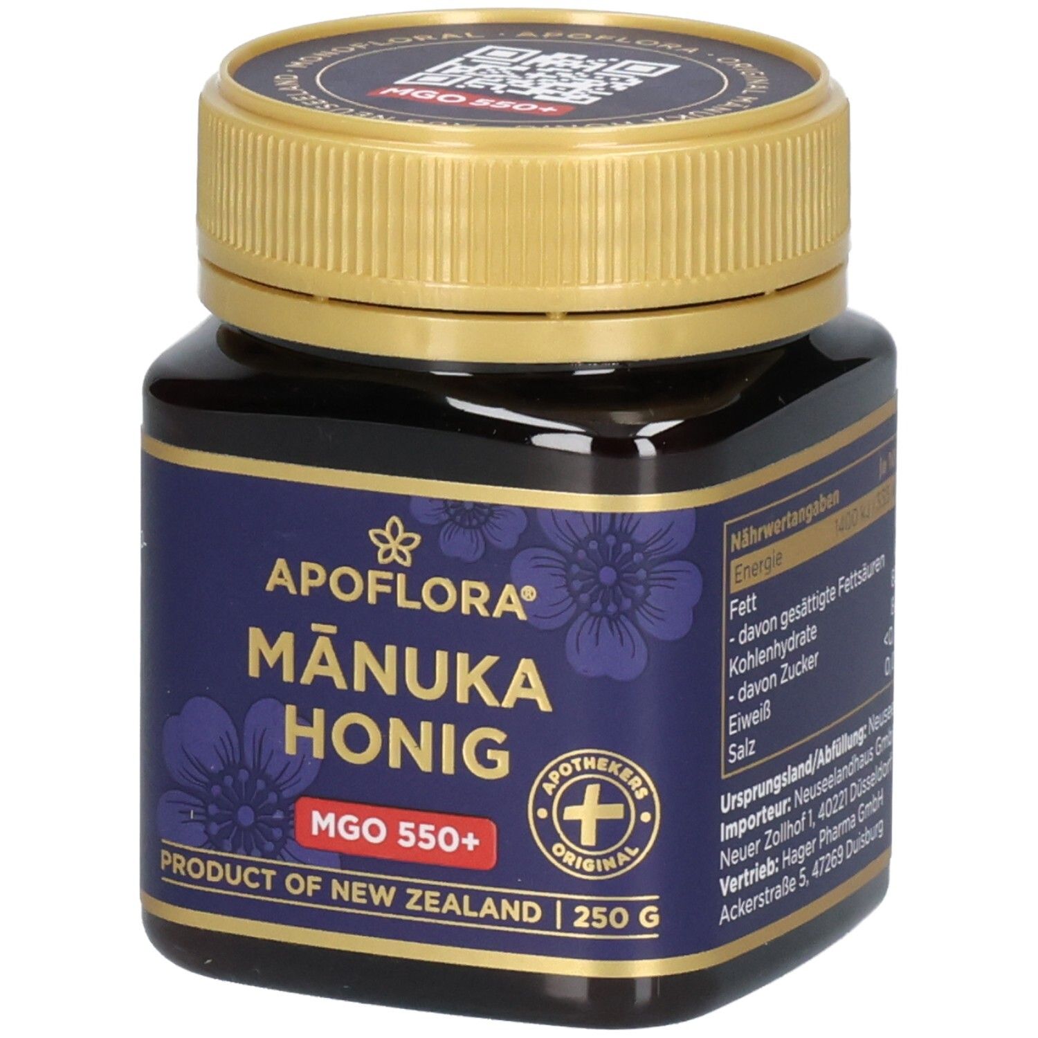 Vorderseite eines Glases Manuka Honig MGO 550+. Enthält Nährwertangaben und Herkunftsland.