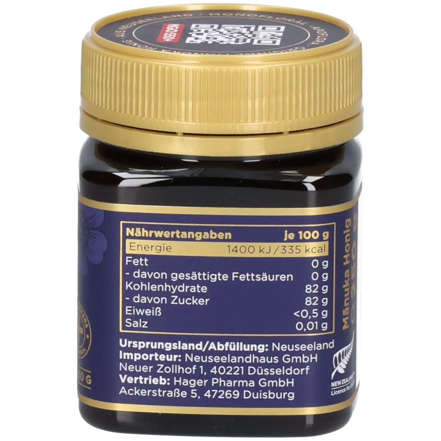 Rückseite eines Glases Manuka Honig MGO 550+. Detaillierte Nährwertangaben pro 100g.