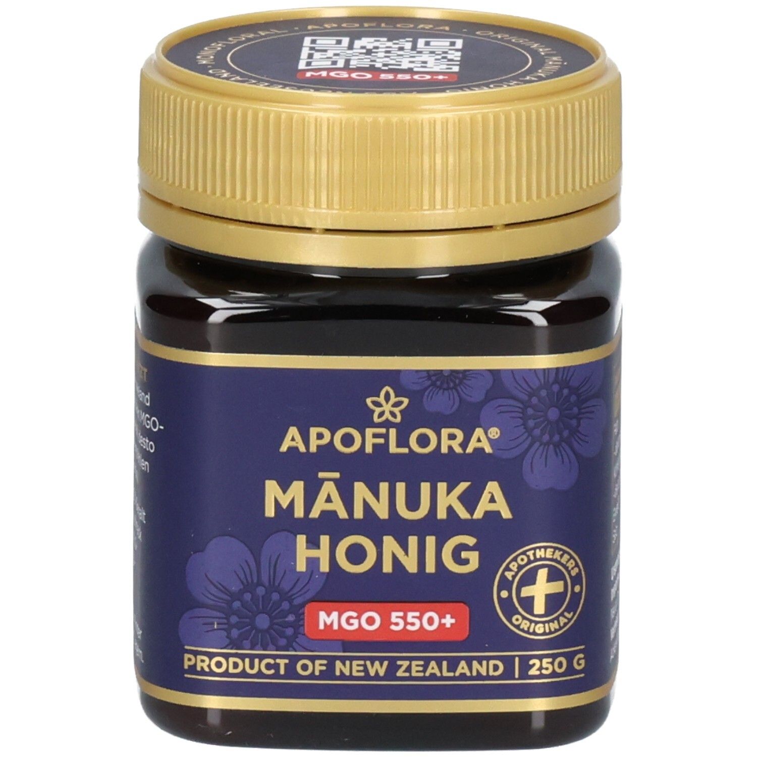 Glas Manuka Honig MGO 550+ von ApoFlora, 250g. Vorderseite mit Etikett und goldenem Deckel.