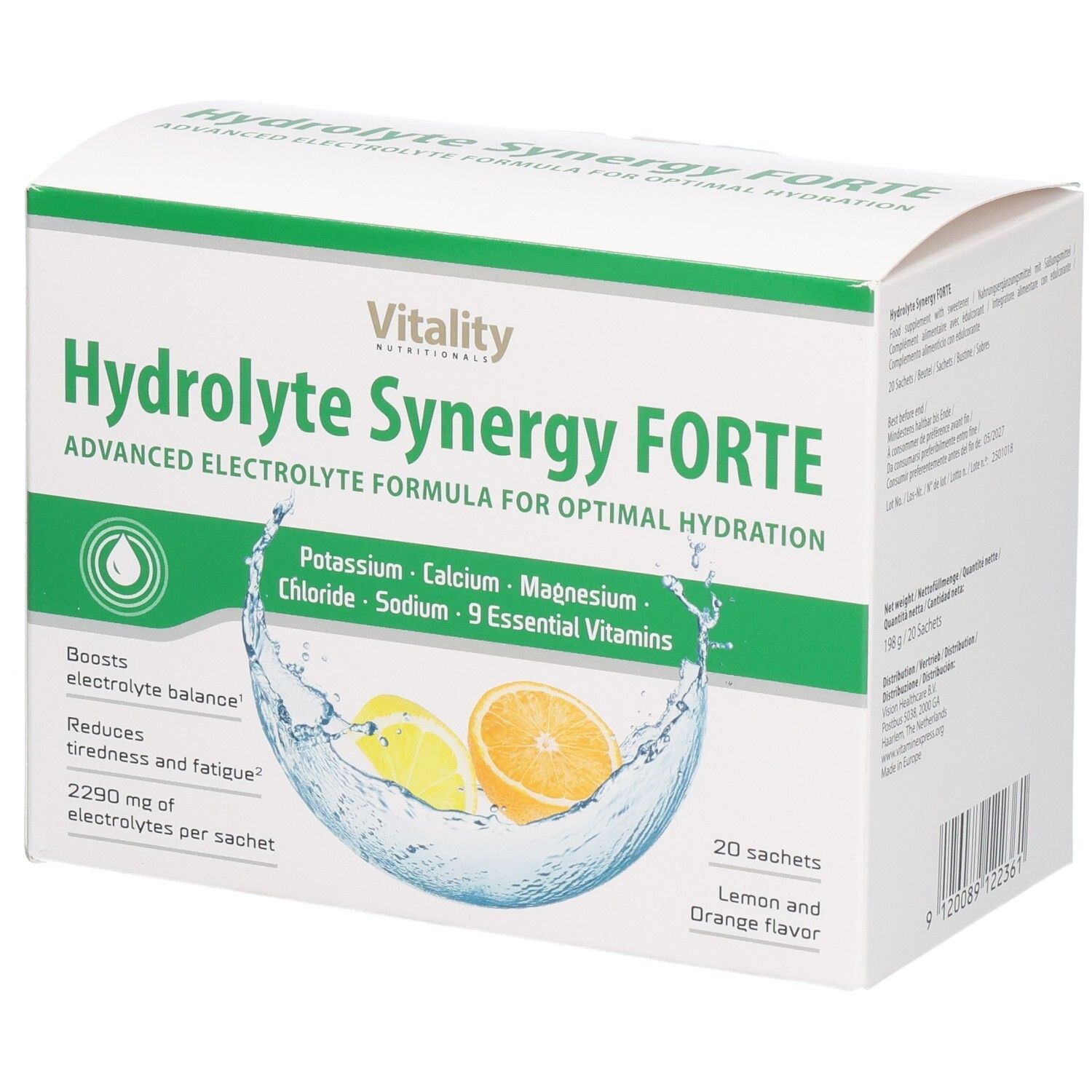 Packung Hydrolyte Synergy Forte Elektrolytpulver mit Zitrone und Orange.