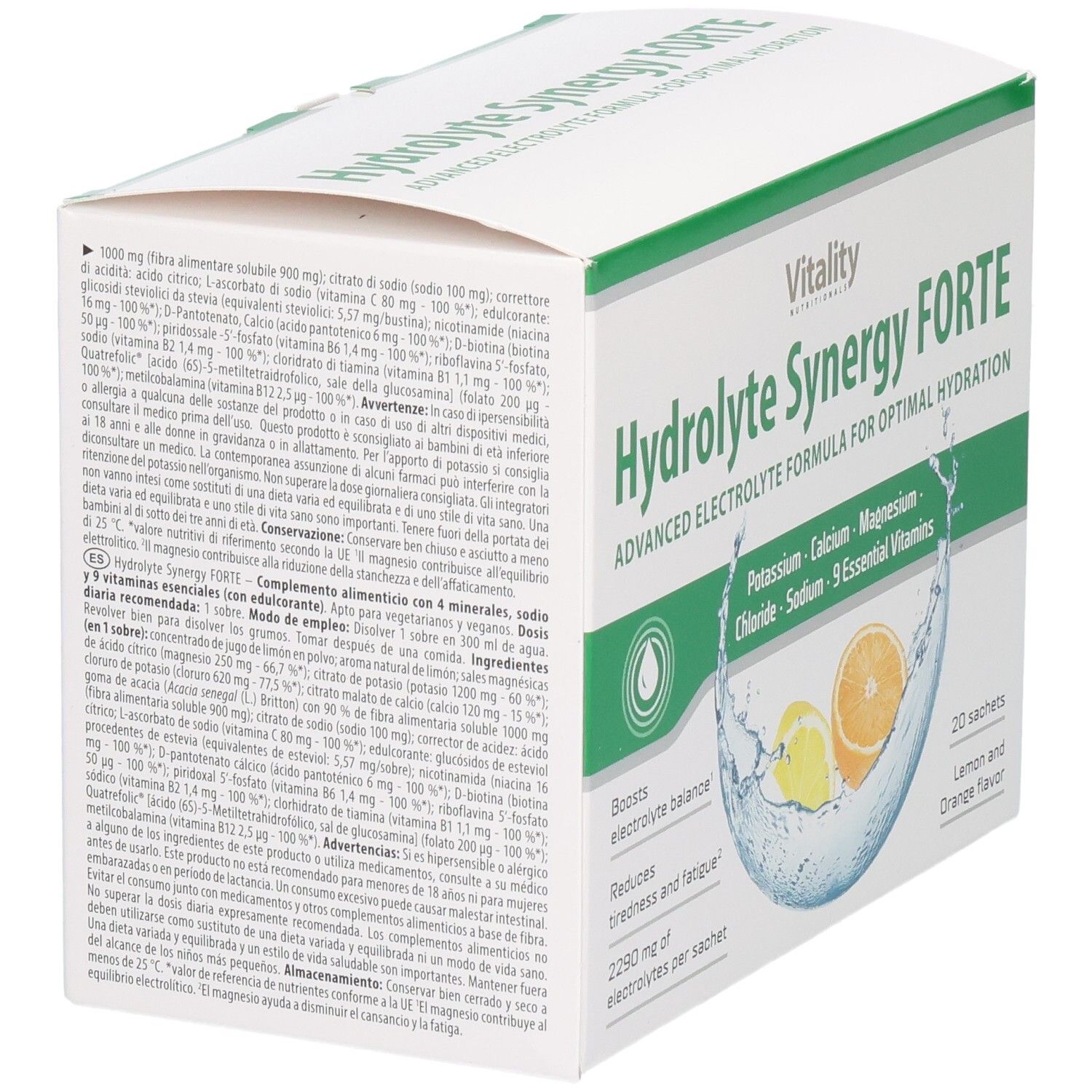 Packung Hydrolyte Synergy Forte mit detaillierten Inhaltsangaben auf der Seite.