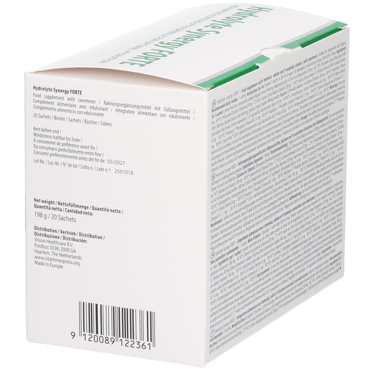 Seitenansicht der Packung Hydrolyte Synergy Forte mit Chargennummer und Haltbarkeitsdatum.