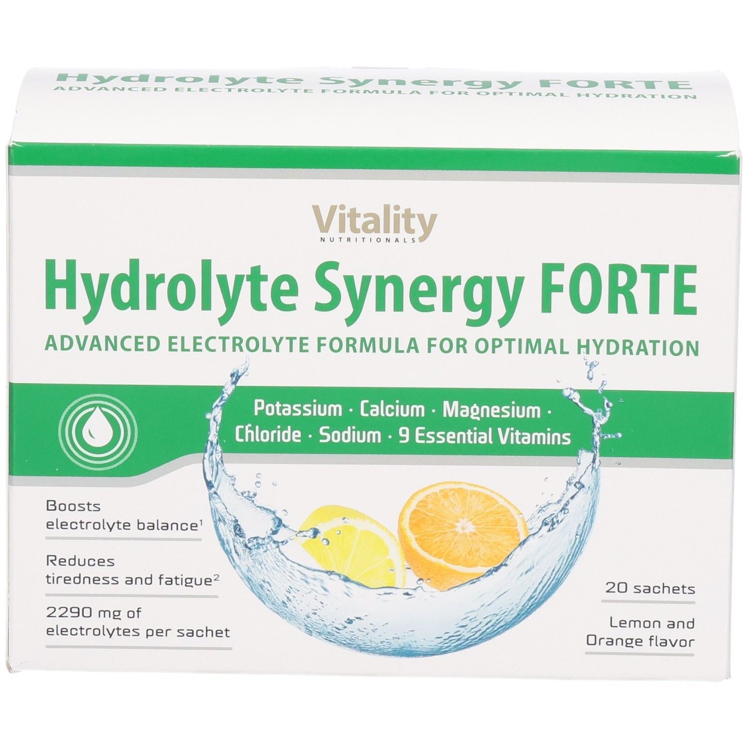 Packung Hydrolyte Synergy Forte mit Zitronen- und Orangenscheiben in Wasserspritzern.