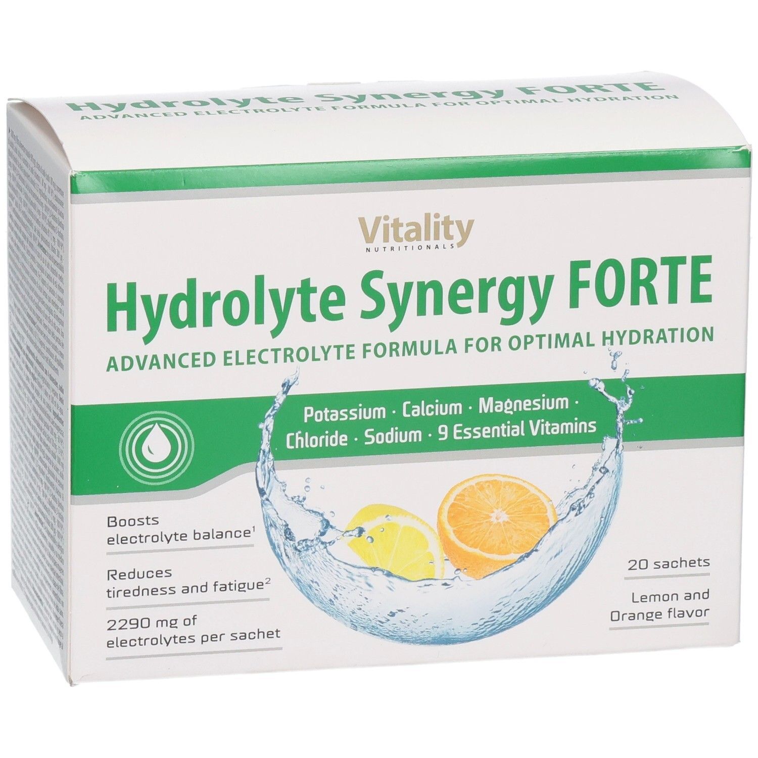 Packung Hydrolyte Synergy Forte mit Zitronen- und Orangenscheiben in Wasserspritzern.