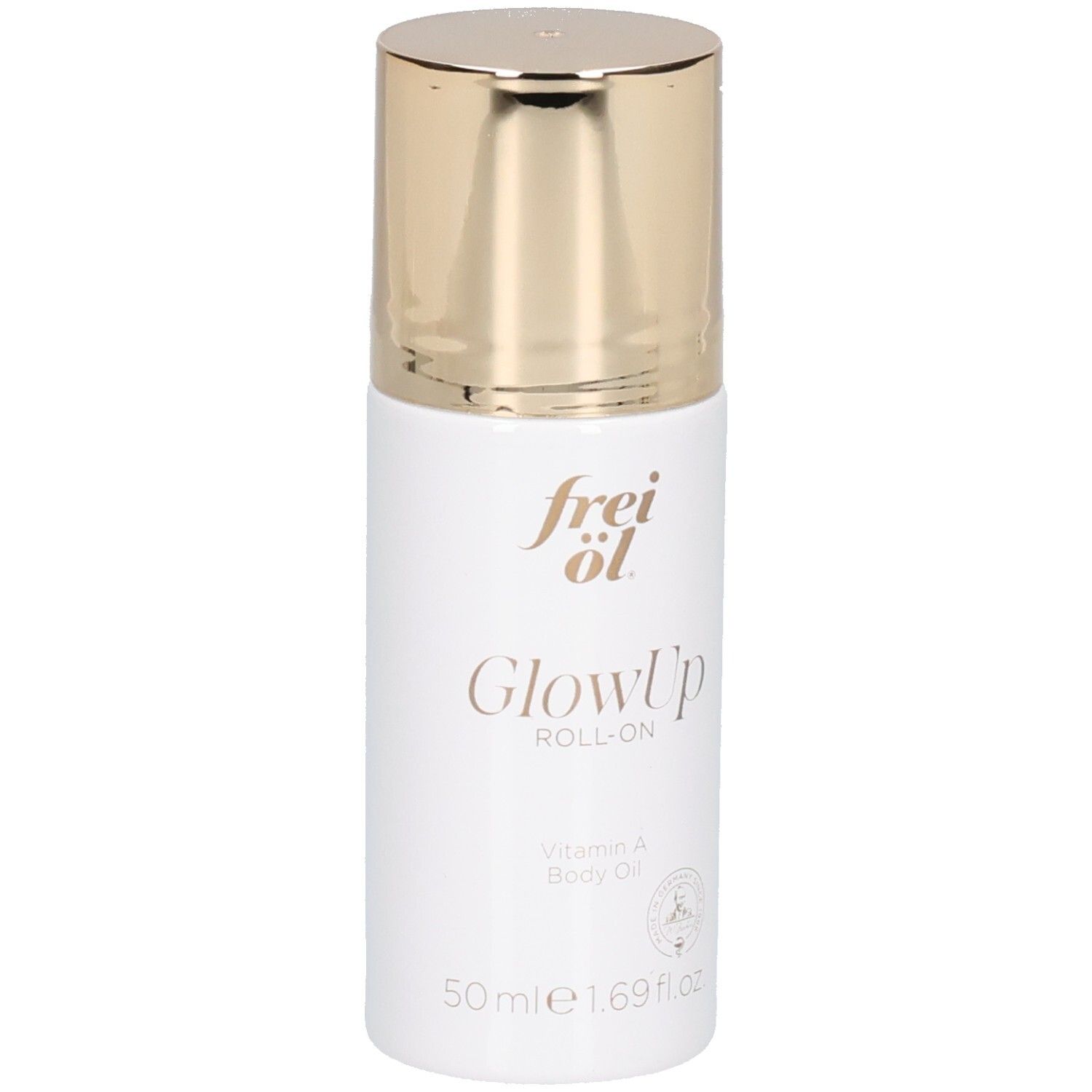 Weißer Roll-On Flakon mit goldenem Verschluss. Frei Öl GlowUp Roll-On Vitamin A Körperöl.