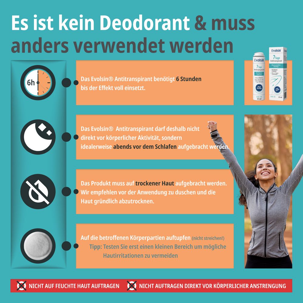 Produkt und Verpackung. Text: Es ist kein Deodorant & muss anders verwendet werden. Frau mit erhobenen Armen.