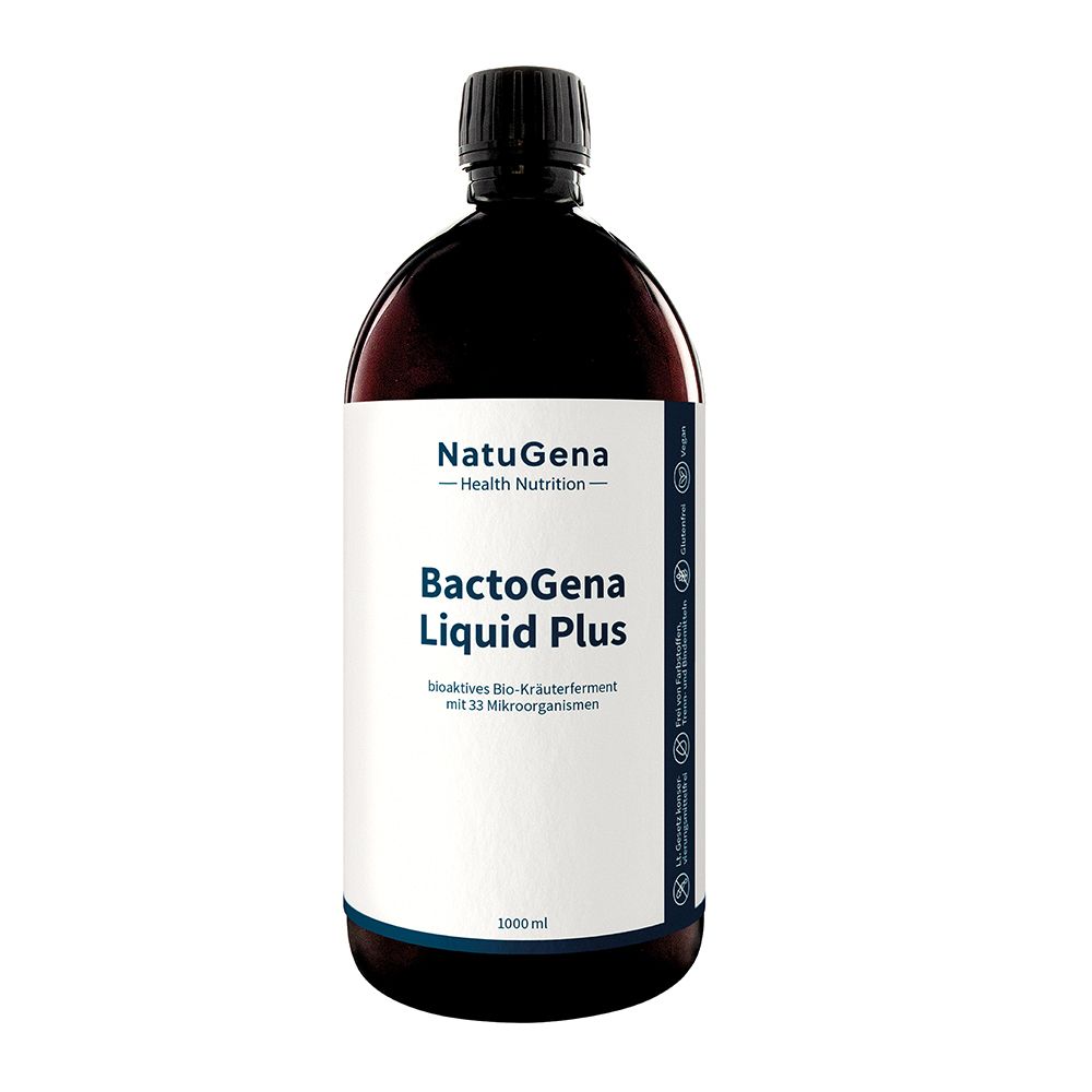 Dunkle Glasflasche mit weißem Etikett: NatuGena BactoGena Liquid Plus, 1000ml.
