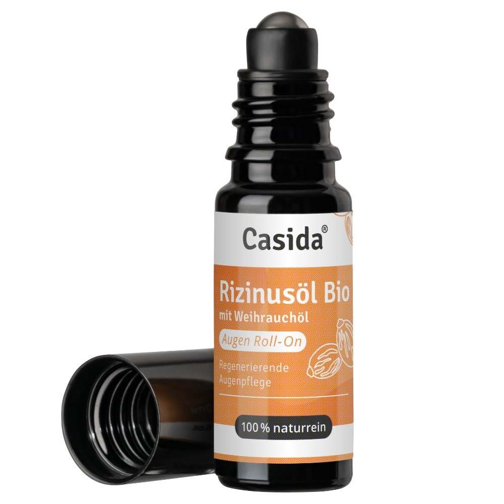 Casida Bio Rizinusöl Augen Roll-On mit Weihrauchöl, 100% naturrein, mit aufgeschraubtem Deckel.