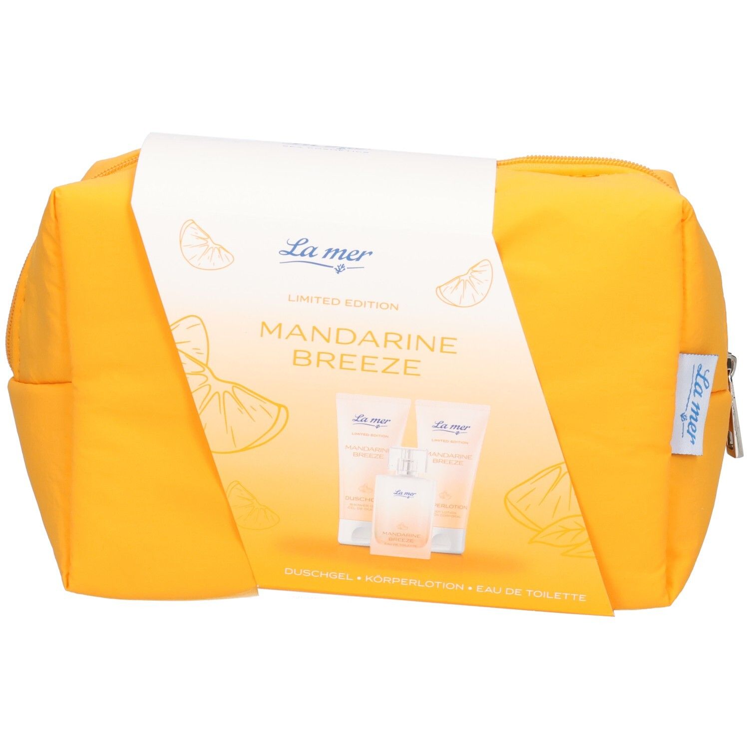 Gelbe Kosmetiktasche mit La Mer Mandarine Breeze Set. Enthält Produkte und Verpackung mit Schriftzug.