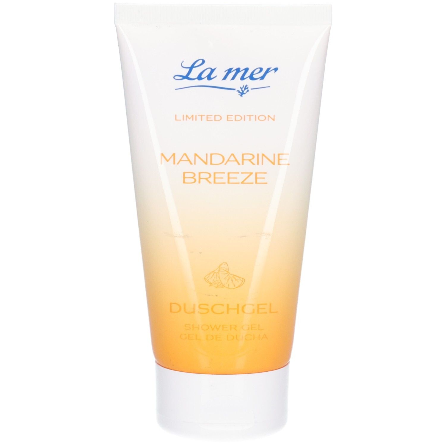 Weiß-orange Tube mit Produktnamen und Schriftzug "La mer". "MANDARINE BREEZE" und "DUSCHGEL" sind ebenfalls sichtbar.