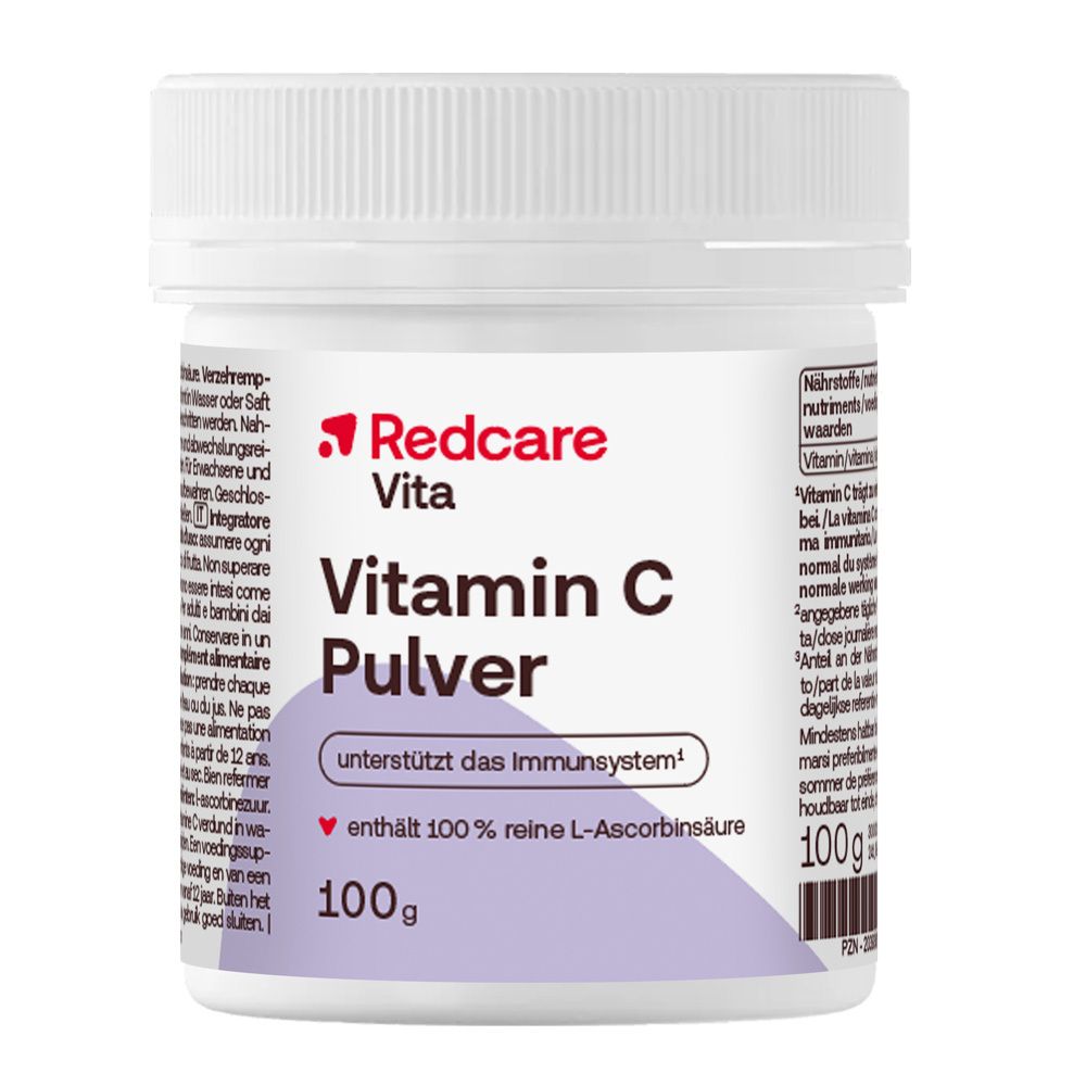 Redcare Vita Vitamin C Pulver in weißem Behälter mit 100g Inhalt.