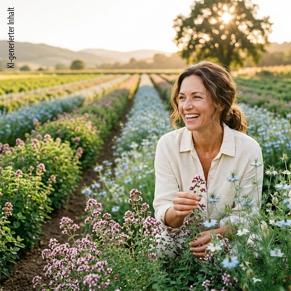 Frau in einem Feld mit blühenden Pflanzen, Sonnenuntergang.