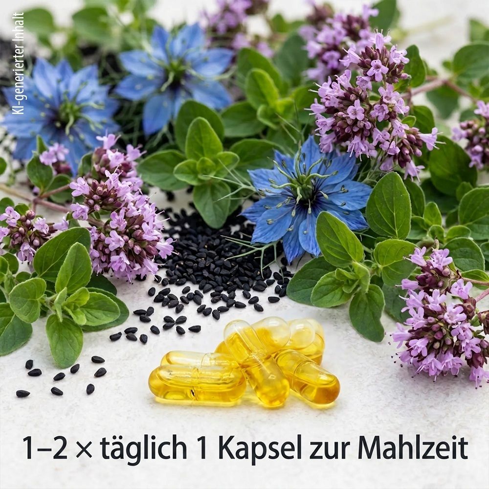 Oregano-Pflanzen, Schwarzkümmel und vegane Kapseln mit Oregano-Öl.