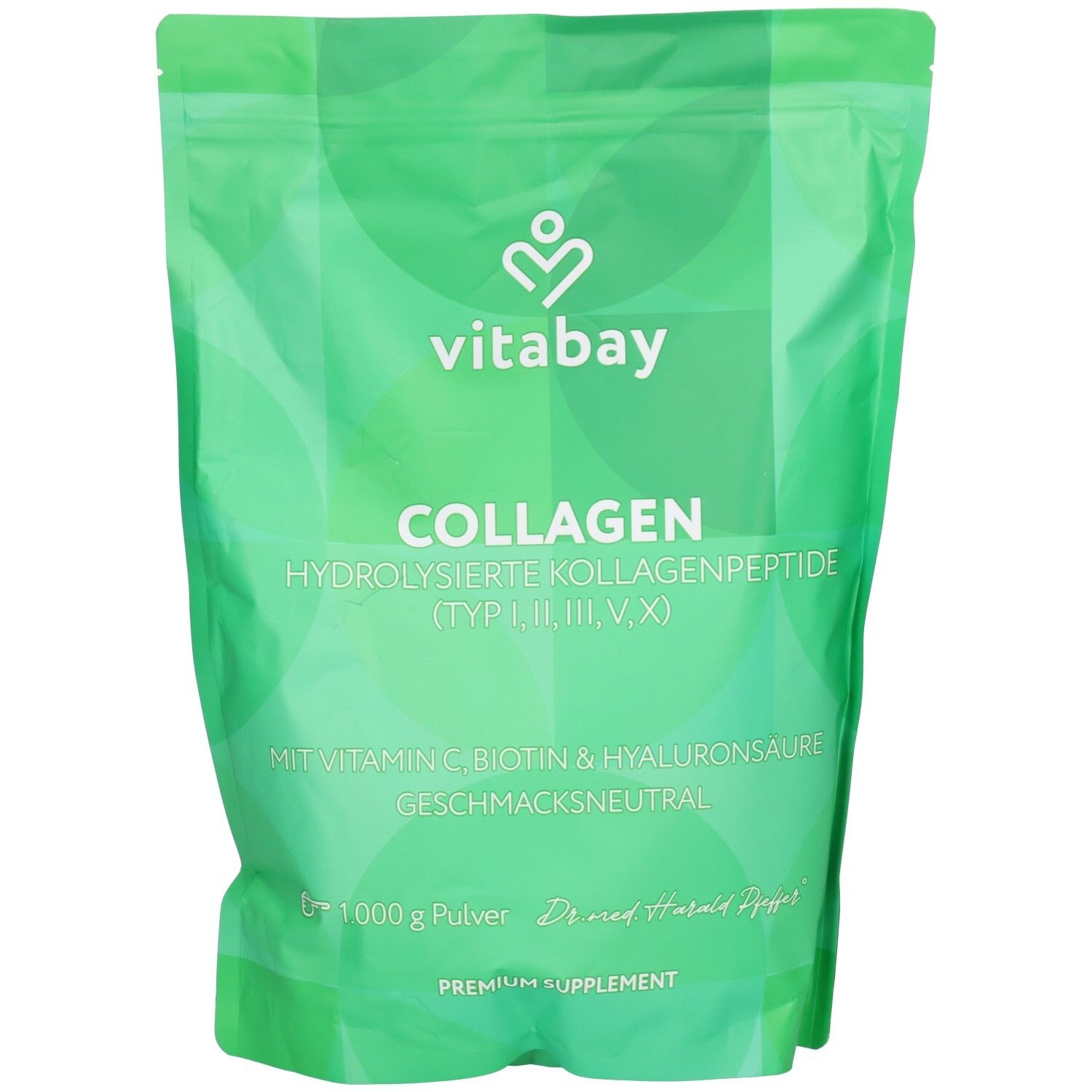 Grüner Beutel mit Vitabay Collagen Pulver, 1000g. Enthält hydrolysierte Kollagenpeptide, Hyaluronsäure, Vitamin C, Biotin.