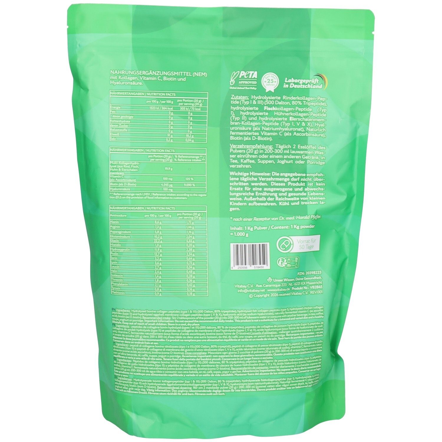 Rückseite eines grünen Beutels mit Vitabay Collagen Pulver. Zeigt Nährwertangaben und Produktinformationen.