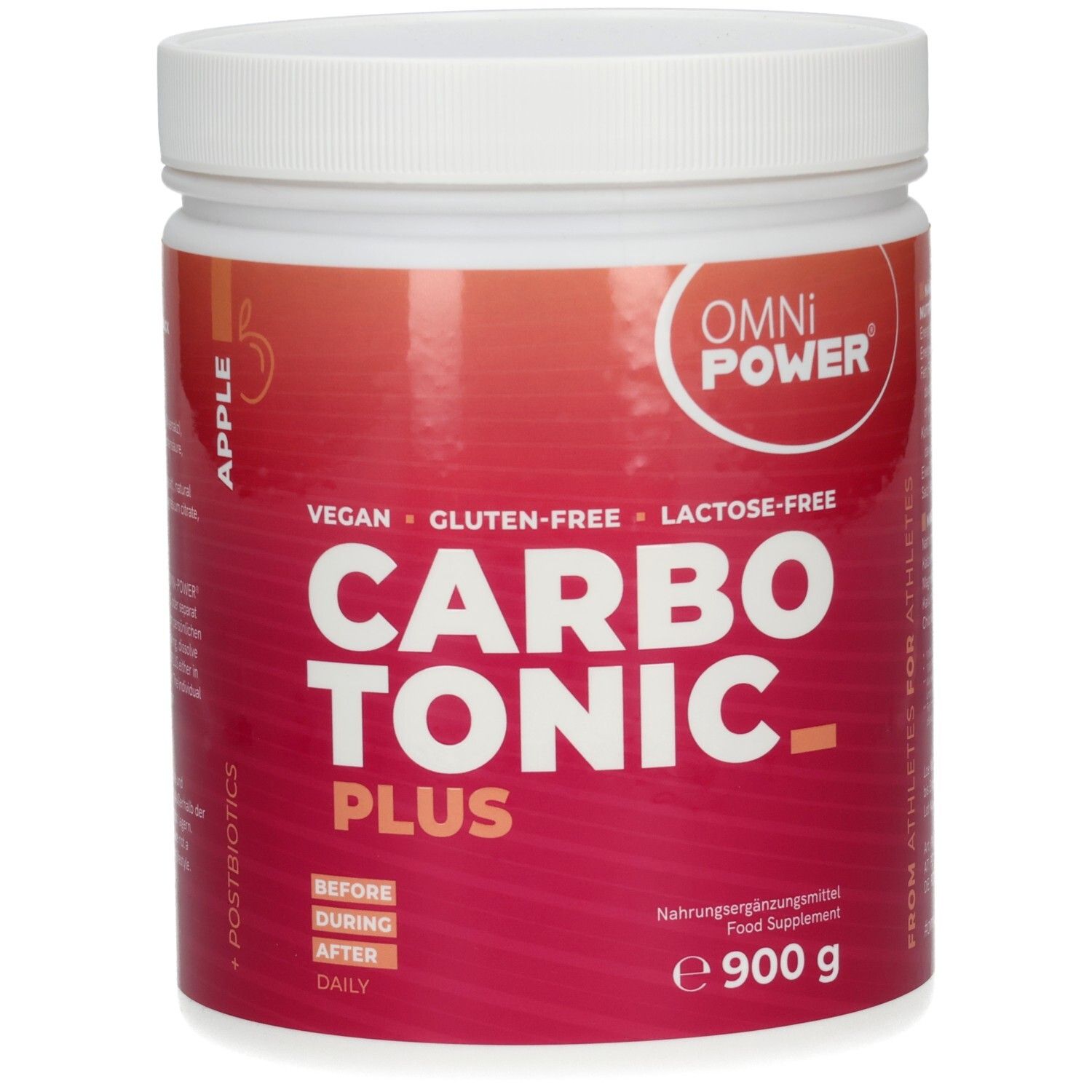 Weißes Gefäß mit OMNi-POWER CARBOTONIC PLUS. Vegan, gluten- und laktosefrei. Apfelgeschmack. 900 g. Vor, während und nach dem Training.