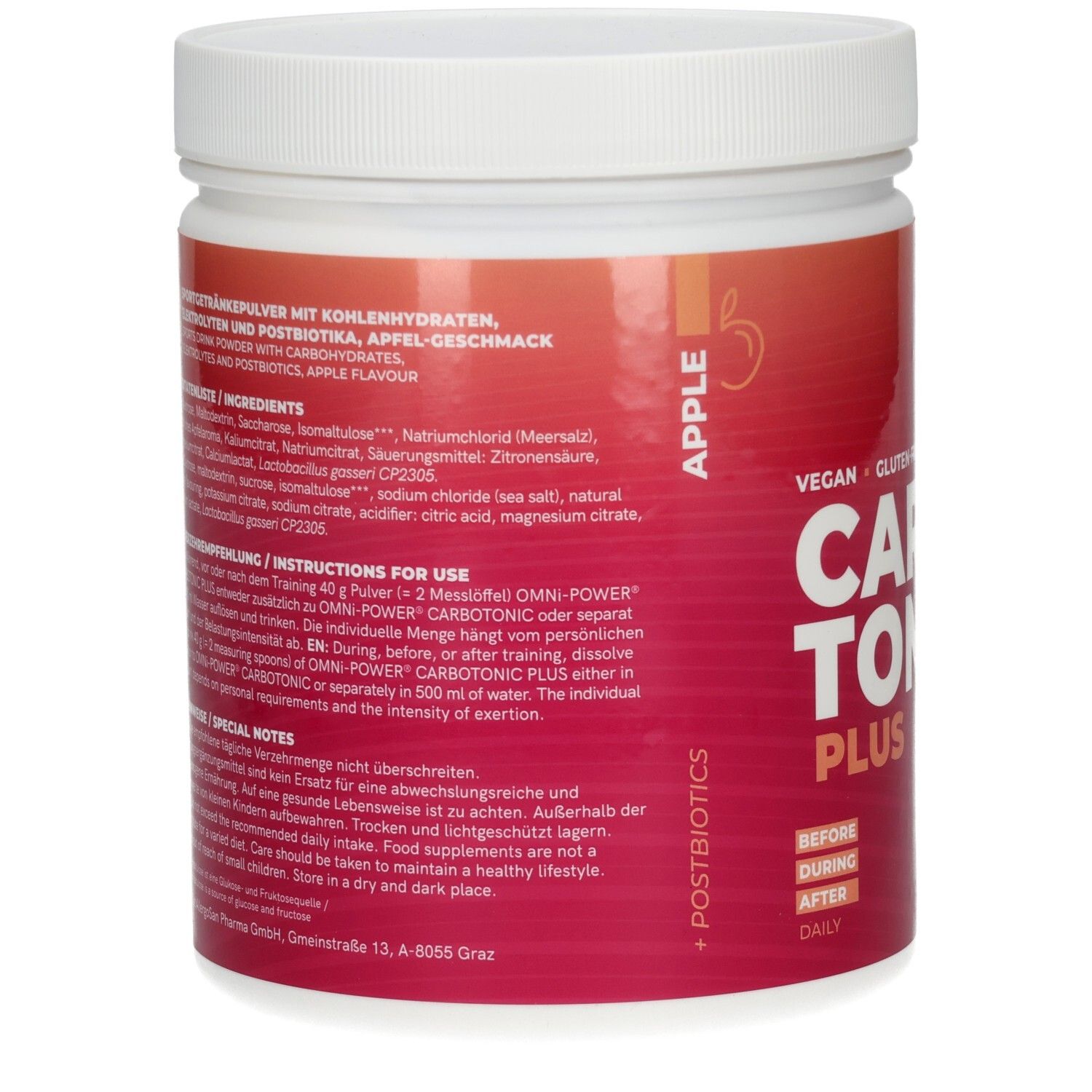 Rückseite des weißen Gefäßes mit OMNi-POWER CARBOTONIC PLUS. Zutatenliste und Gebrauchsanweisung. Apfelgeschmack. Vegan, glutenfrei.
