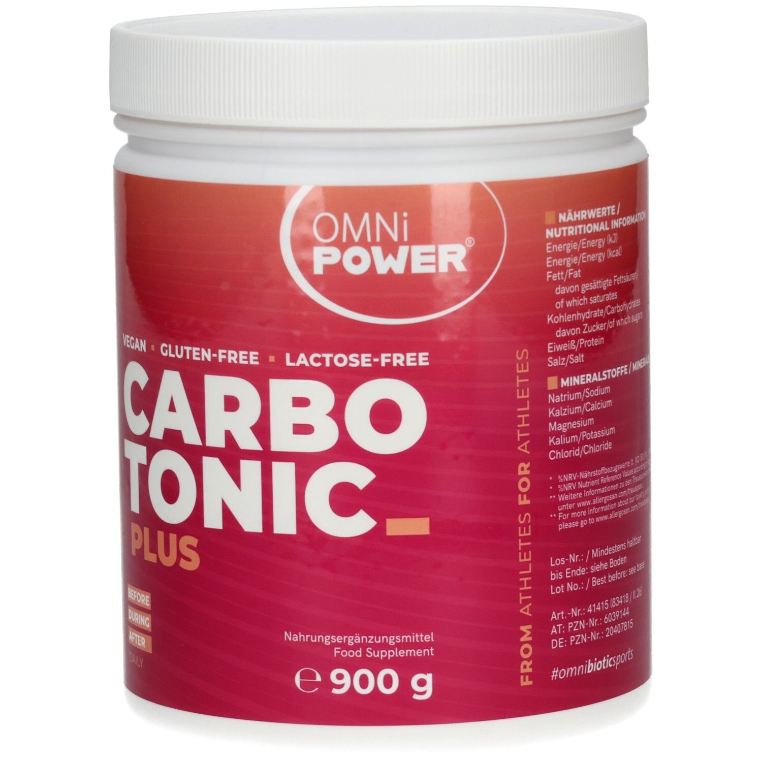 Weißes Gefäß mit OMNi-POWER CARBOTONIC PLUS. Vegan, gluten- und laktosefrei. Für Athleten. 900 g. Nährwertangaben.
